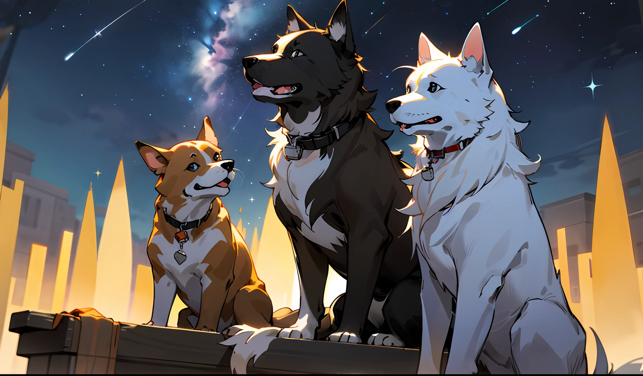 A teenager under the stars,There is a dog sitting next to him,Looking into the distance,The eyes are full of expectation