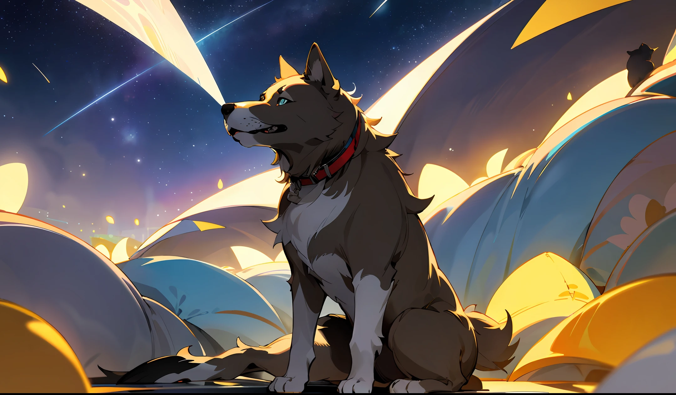 A teenager under the stars，There is a dog sitting next to him，Looking into the distance，The eyes are full of expectation