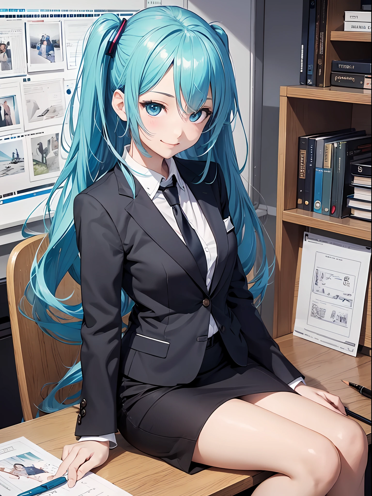 最好质量、Photorealistic、An ultra-fine illustrations、beautiful attractive anime girl、HATSUNEMIKU、Slender body、Tied hair、only girl、a photo of girl、Full body shot、Beautiful Blue Eyes、Turned、in a office、Sitting at your desk、Simple black ladies suit、pencil skirts、a smile、