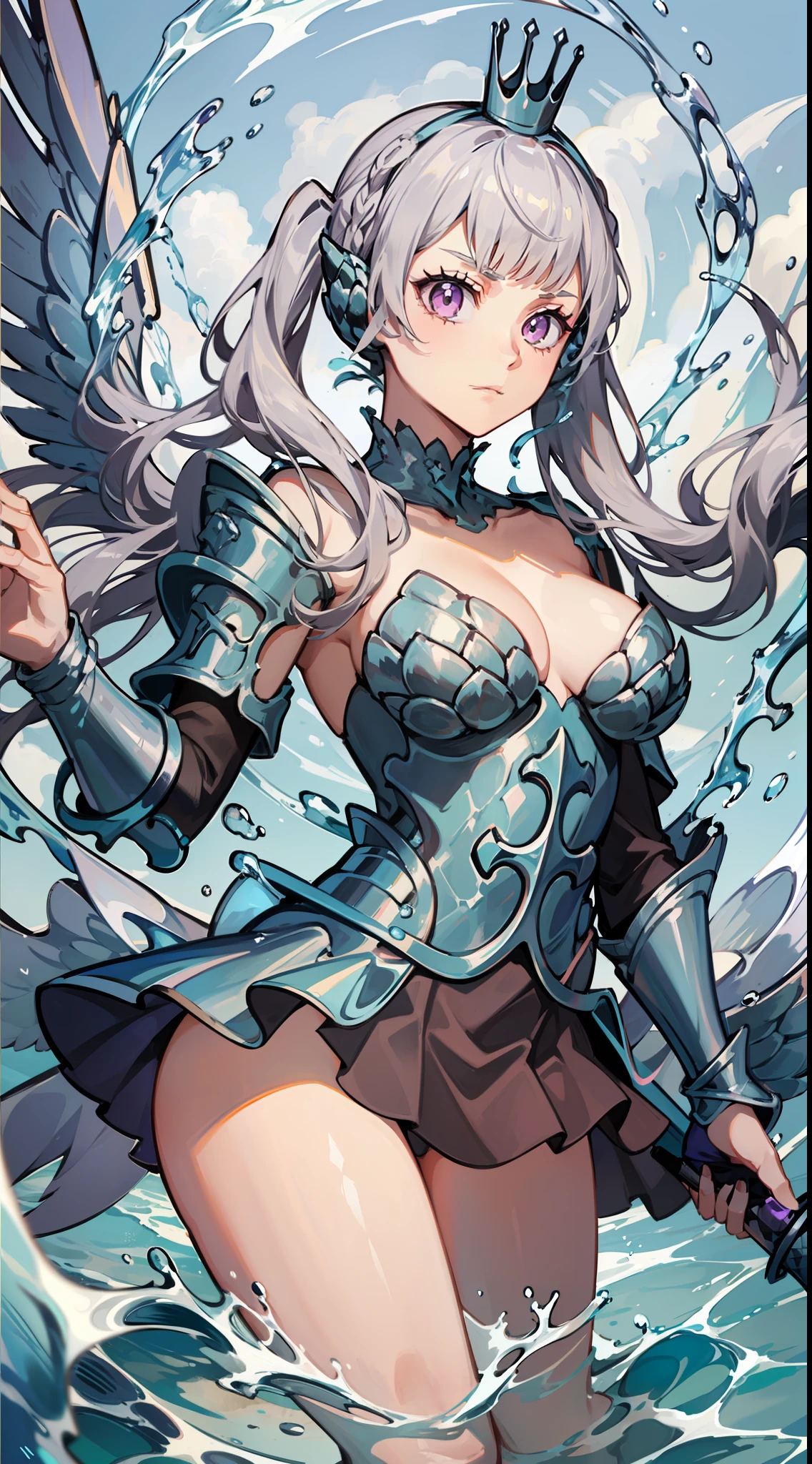 (((masterpiece))), best quality,(noelle_silva),long hair ,twintails,purple eyes,silver hair, bangs, ((water_armor)), earring, wings, blurry background, crown, valkyrie, armored dress, angel, night, holding water sword, fighting stance