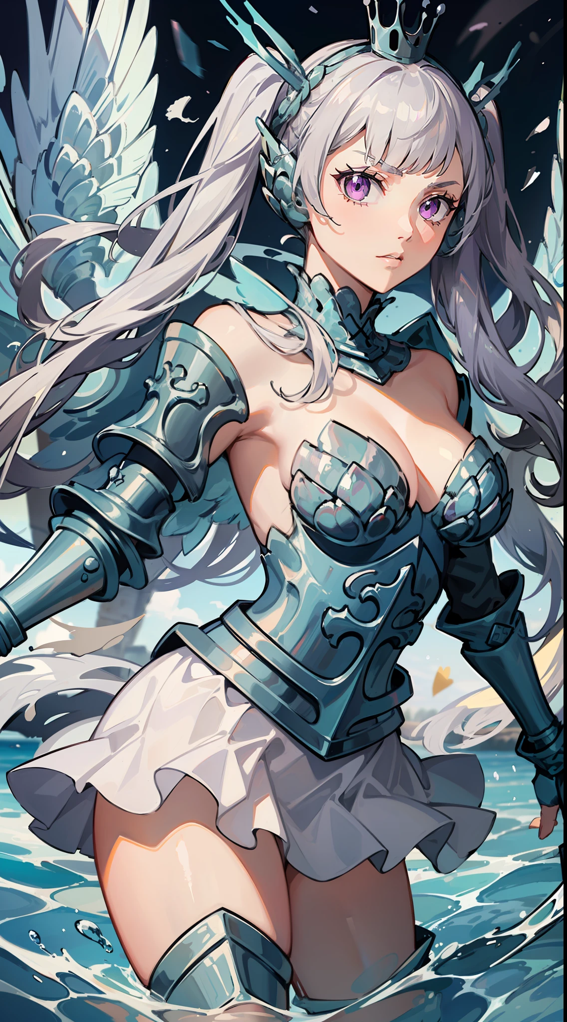 (((masterpiece))), best quality,(noelle_silva),long hair ,twintails,purple eyes,silver hair, bangs, ((water_armor)), earring, wings, blurry background, crown, valkyrie, armored dress, angel, night, holding water sword, fighting stance