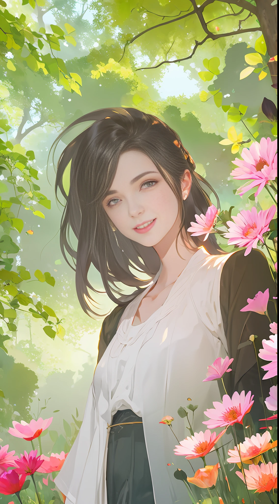 A woman in the woods，gray pupil，ssmile，Ink style，Midsummer，flowers blooming，the wind，sun beam，Ray traching，tmasterpiece，The ultra -The high-definition，8K