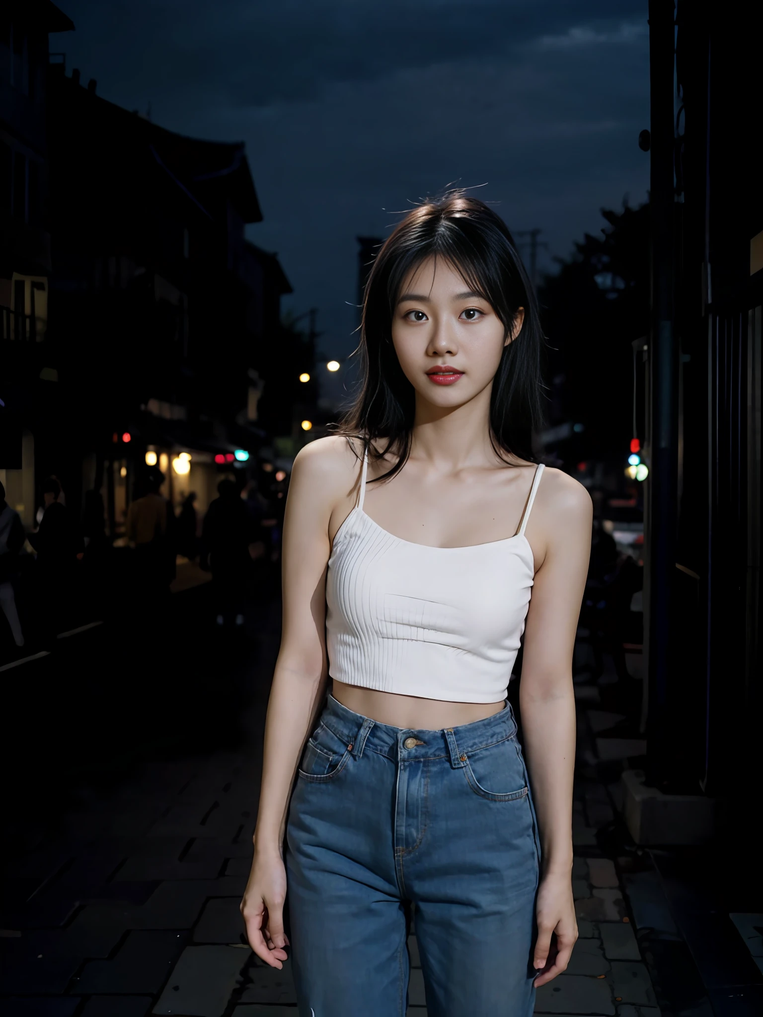 real photograph,tmasterpiece,araffed asian woman in white top and jeans standing on sidewalk, There are street lights on the streets,gorgeous korean young woman, beautiful Korean young women, beautiful Korean women, Korean girl, korean women's fashion model, taken with canon eos 5 d mark iv, Korean woman, A young Asian woman, Young Asian girl, heonhwa choe, jaeyeon nam, Young Asian woman,There are street lights in the back,There is light shining on the hair