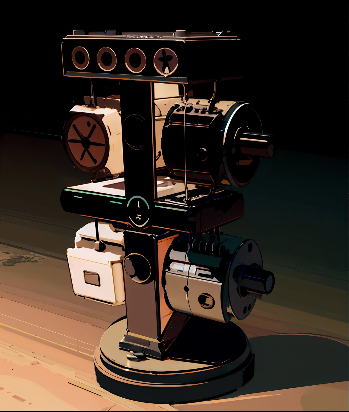 a close up of a clock with numbers on it on a stand, clock iconography, on a flat color black background, mechanical clock, 3d wireframe, Concept illustration, Clock, UHR, monochrome 3 d model, bell tower, three fourths view, industrial design concept, a screenshot, Fan art, its hour come round at last, huge mechanical clocks, At night