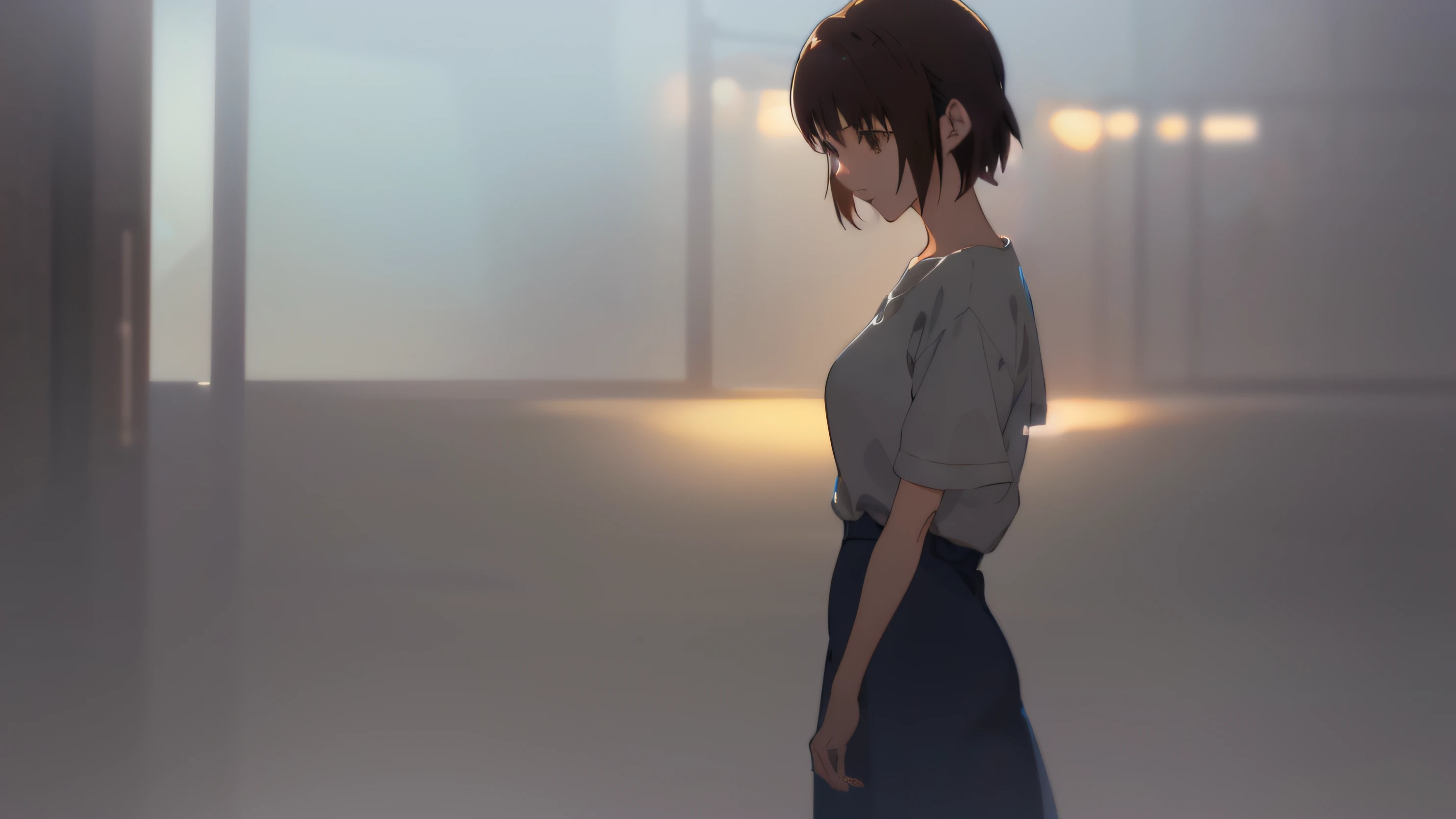 Very detailed anime style illustrations、Very pretty woman、Brown Shorthair、Shapely glamour big buttocks、Perfect round gray eyes、white shirt、Wearing a long gray skirt、Dark room background、Makoto Shinkai Anime Style。