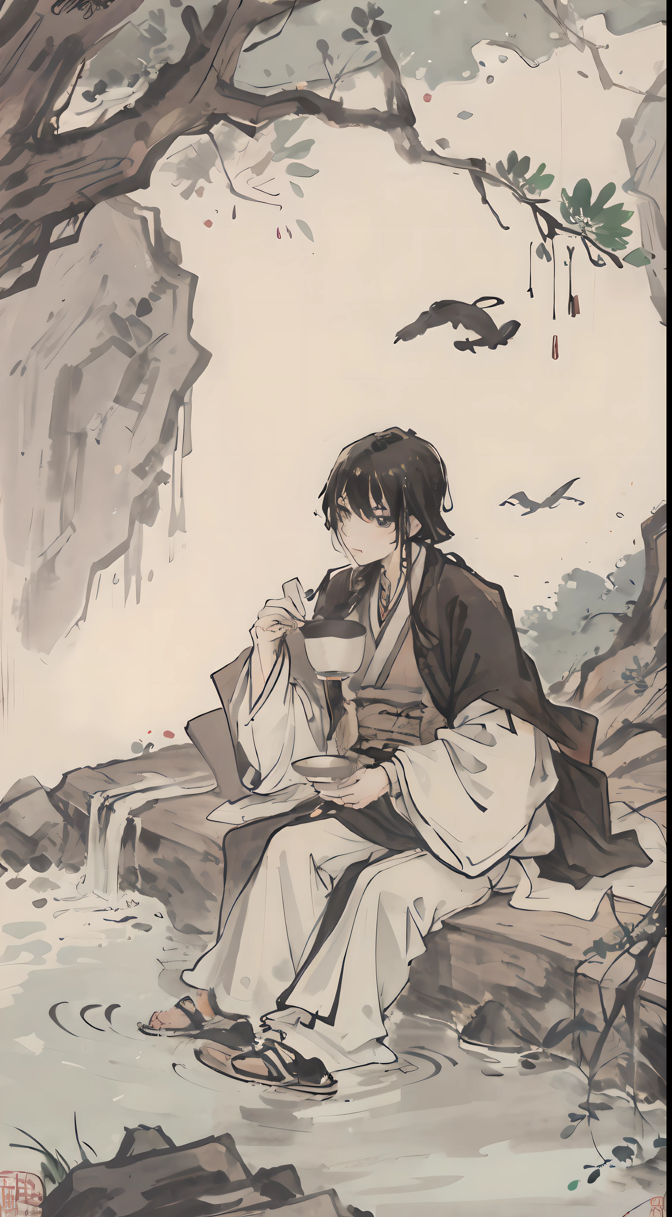 (Masterpiece, best quality: 1.2), traditional Chinese ink painting, large waterfalls between mountains, big rivers, grand, flying birds, an 18-year-old man in black Hanfu, a man with short hair wears black hanfu, sitting under a tree, sitting on green grass, masterpiece, handing a cup of tea