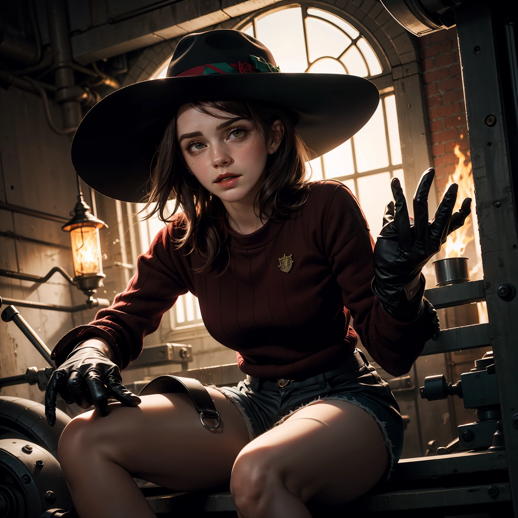 teen emma watson as a sexy female version of Freddy Krueger sitting on a fence. tight intricate crop sweater with red and green stripes. brown shorts. slender body. inside dark metal factory. dark background, furnace. black fedora hat. glove with blades on the fingers. arms raised. horror mood.