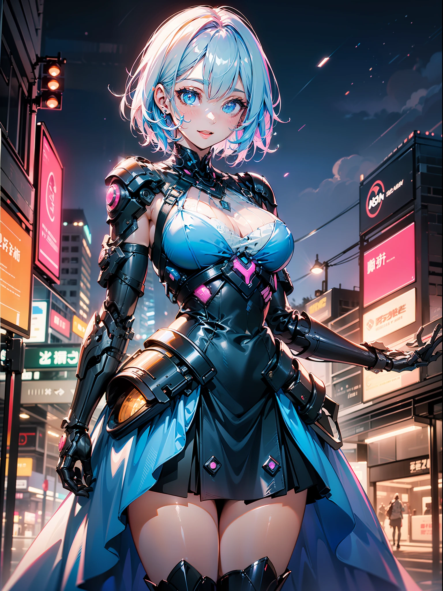 (HD CG,masterpiece,battle garments,lovly,Side Body,Cheerful expression),(1girl),Sweet details,pink short hair,(blue dress:1.2),Mechanical environment,neons,the night,Single standing painting,Design clothing,ambient details,deep dark background,Dynamic shot effects。