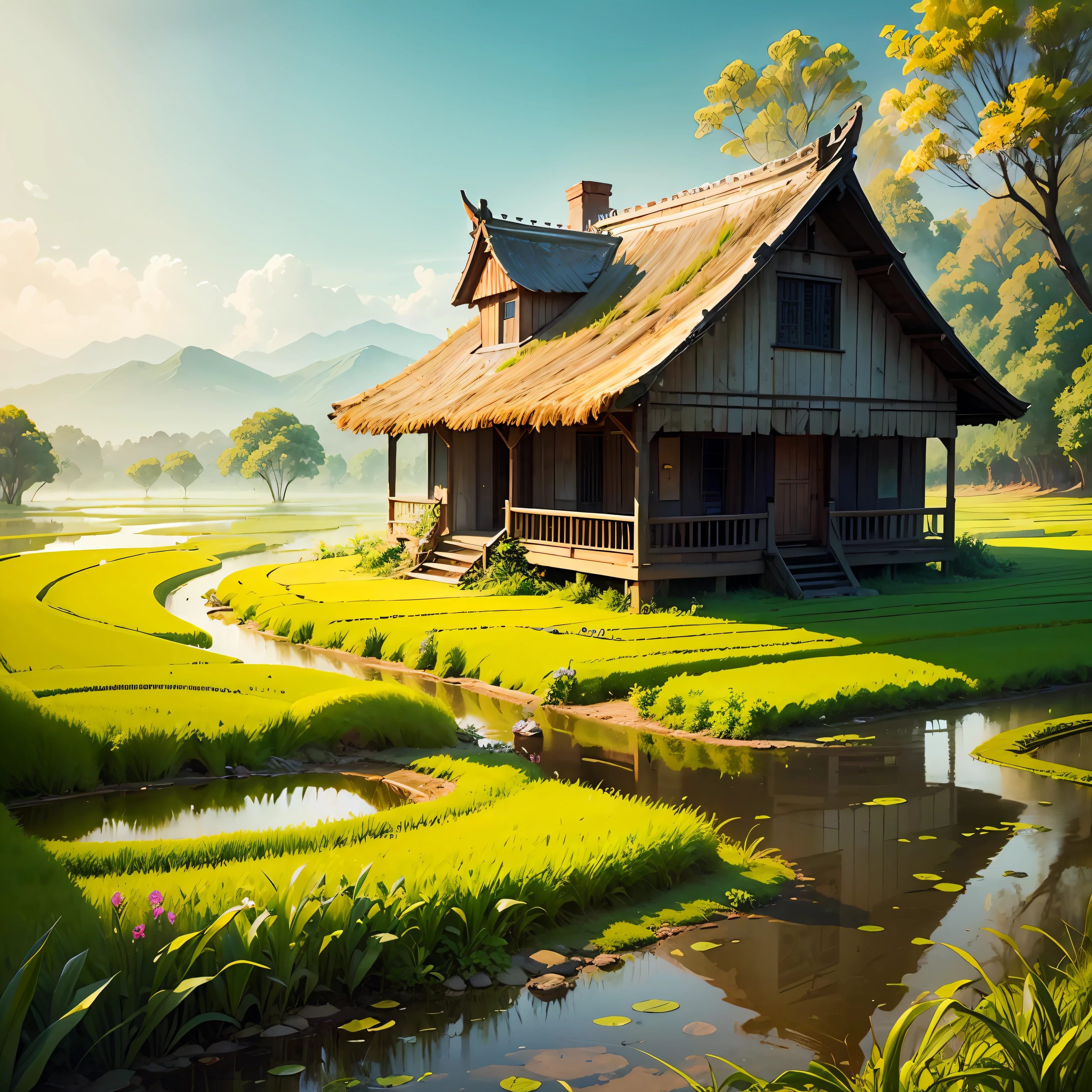 Watercolor Countryside Flower Sea 4k Rice Fields Relaxing Country Earthen House --auto