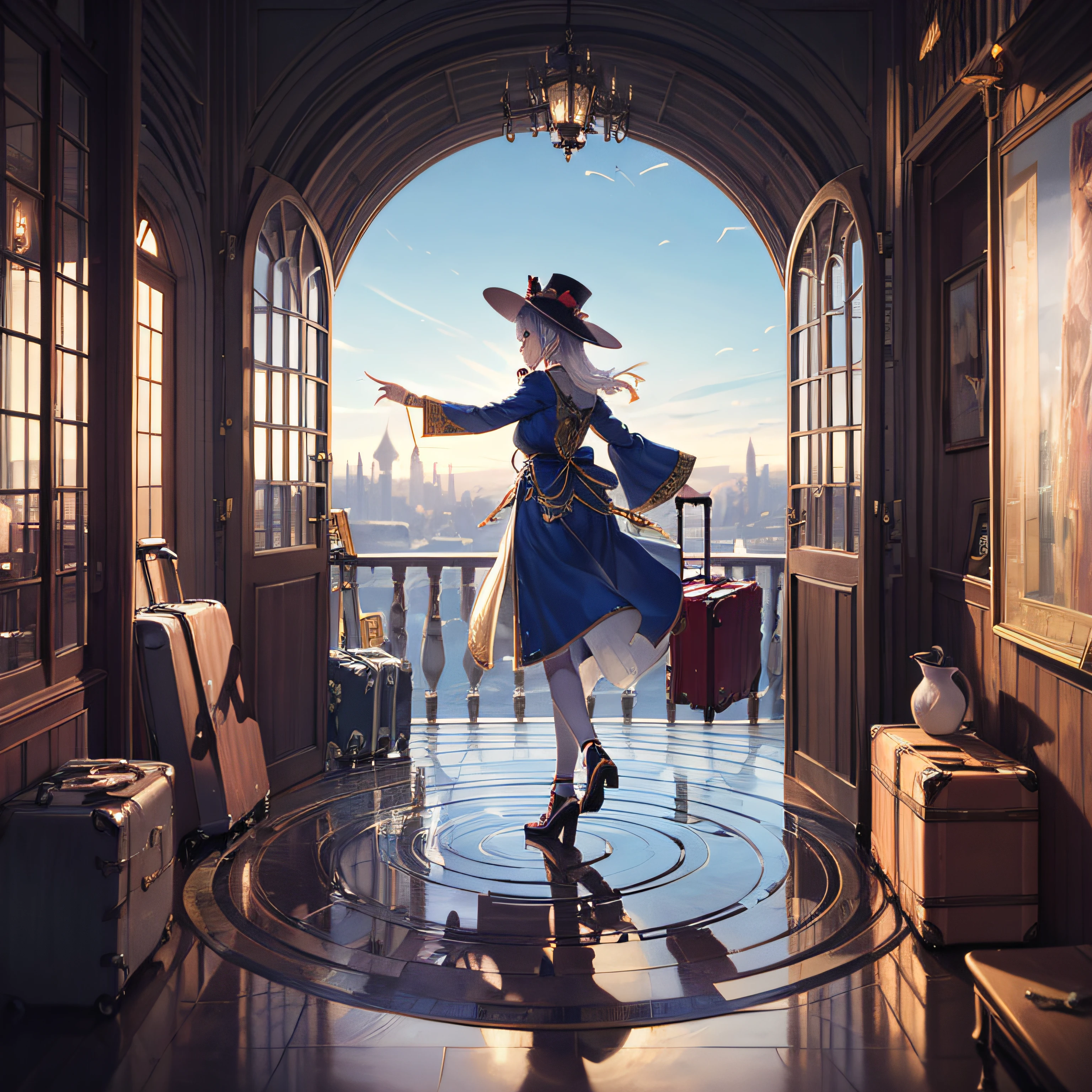 tarot、Fools、Dangerous places、Woman walking on a glass path with a view of the bottom at a height、Fancy clown clothes、Fancy hats、traveller、Luggage、 Looks fun、Singing、Innocence、Creativity、genius、Attention deficit hyperactivity、