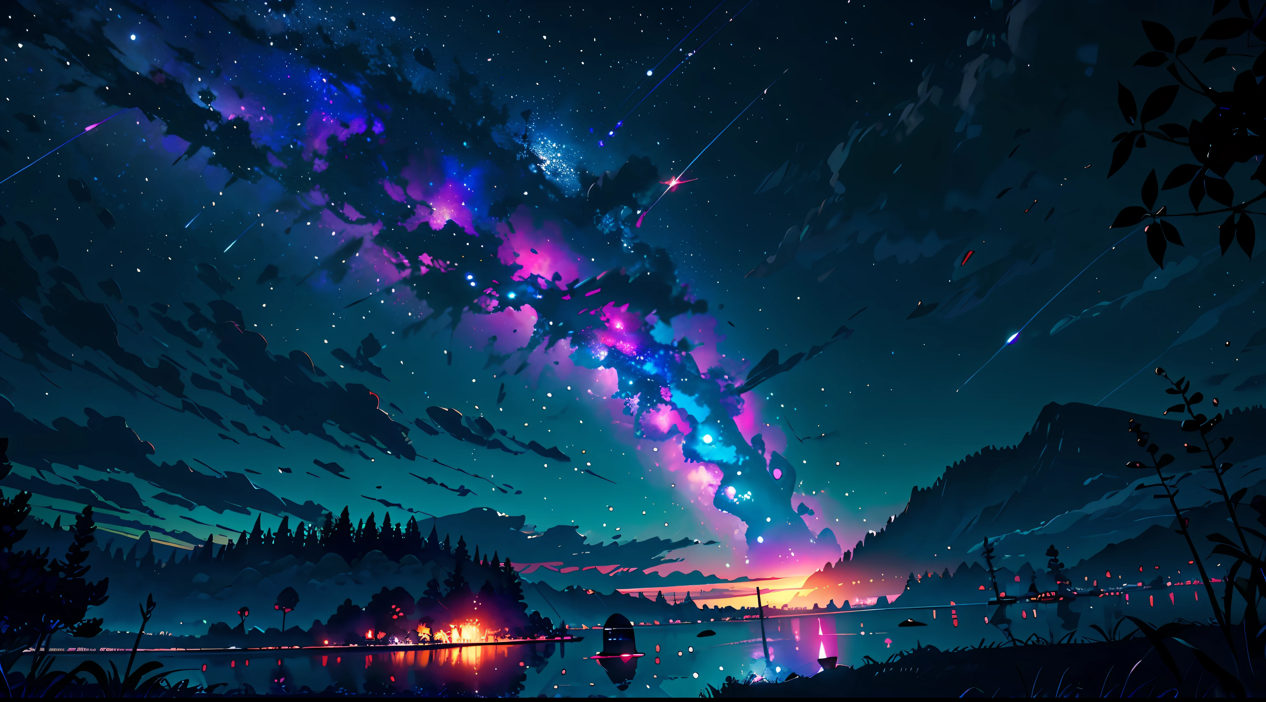 Vast landscape photos、(View from below with the sky and the sea below)、(fullmoon:1.2)、(shooting stars:0.9)、(nebulas:1.3)、Moonlit sea、Tree Break Production Art、(Warm color Light Source:1.2)、(fireflys:1.2)、abajour、Purple and orange、intricate detailes、Volume Lighting BREAK (masterpiece:1.2)、(beste-Qualit)、4K、An ultra-detailliert、(The composition of the movement:1.4)、Highly detailed and colorful details(rainbow-colored:1.2)、(Glowing lighting、Atmospheric illumination)、dream-like、Magical、(独奏:1.2)