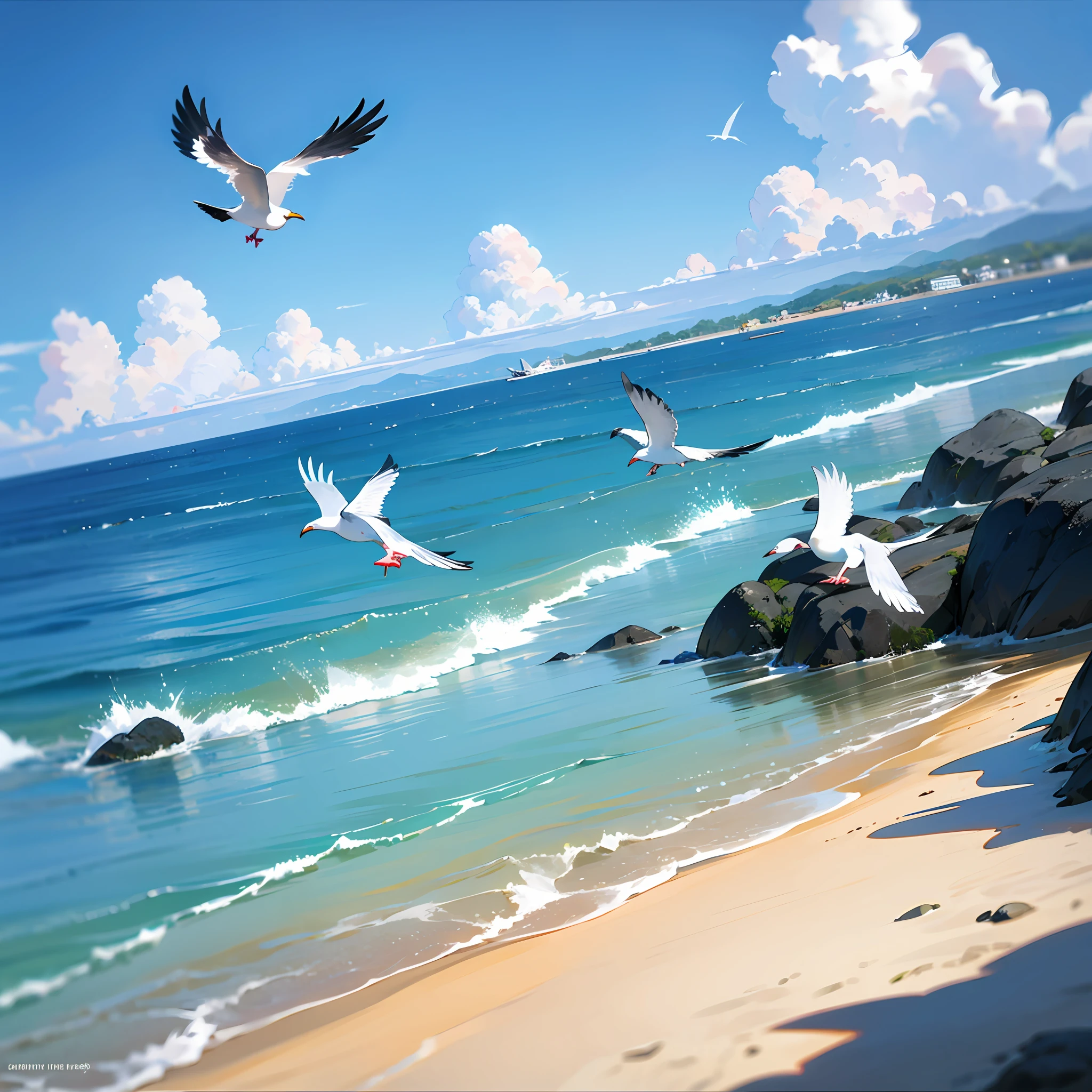 There is a sandy beach next to the ocean, There are seagulls flying in the blue sky。 --auto