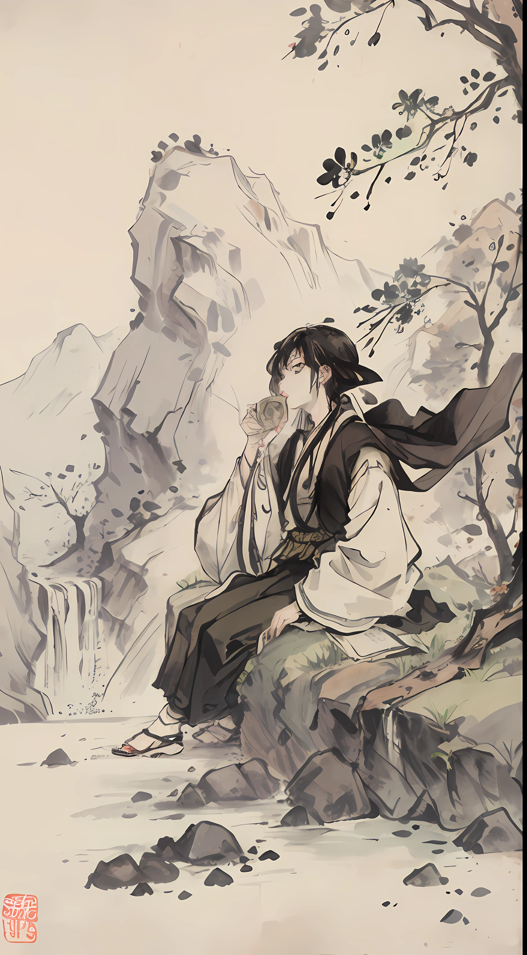 (Masterpiece, best quality: 1.2), traditional Chinese ink painting, large waterfalls between mountains, big rivers, grand, flying birds, an 18-year-old man in black Hanfu, a man with short hair wears black hanfu, sitting under a tree, sitting on green grass, masterpiece, handing a cup of tea
