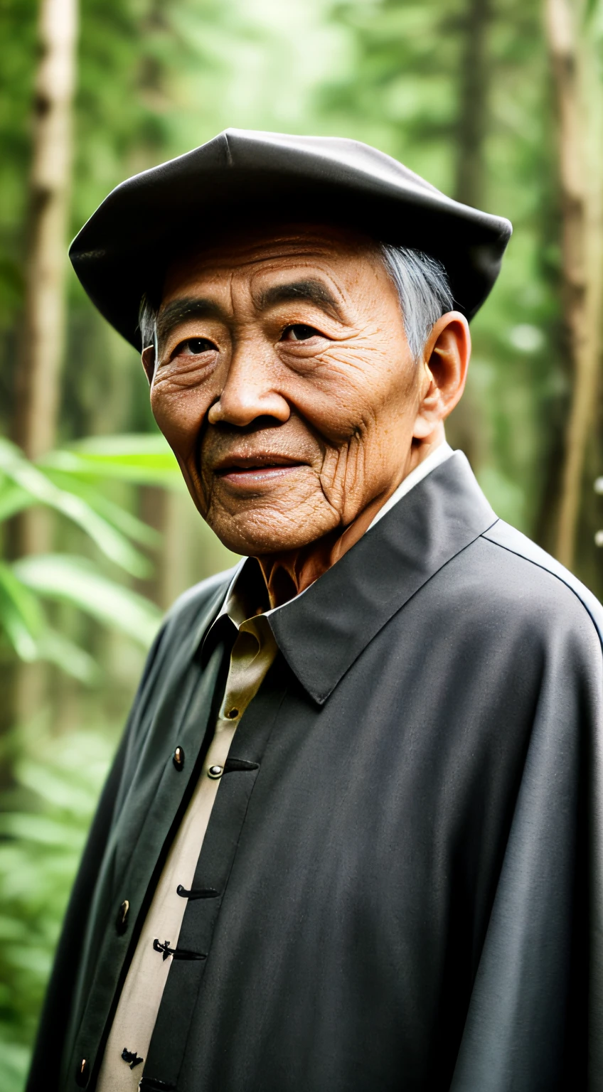 Portrait photography style,A masterpiece of the world,Ultra-unique, highly professional digital art,Film format,Hyper-realistic,Color motion picture film photography with ultra-fine detail and quality,The background is deep in the forest,An elderly man in rural China,Wise old man。He wears an old cape,The eyes are kind and shrewd。He stood upright,His skin had been blackened and powerful by the sun and rain,Wrinkles are fixed on the corners of the mouth and forehead,It seems that his years have precipitated。Wearing a dark gown, although the appearance is simple,But it exudes sublime wisdom and a sense of tenacity of strength。