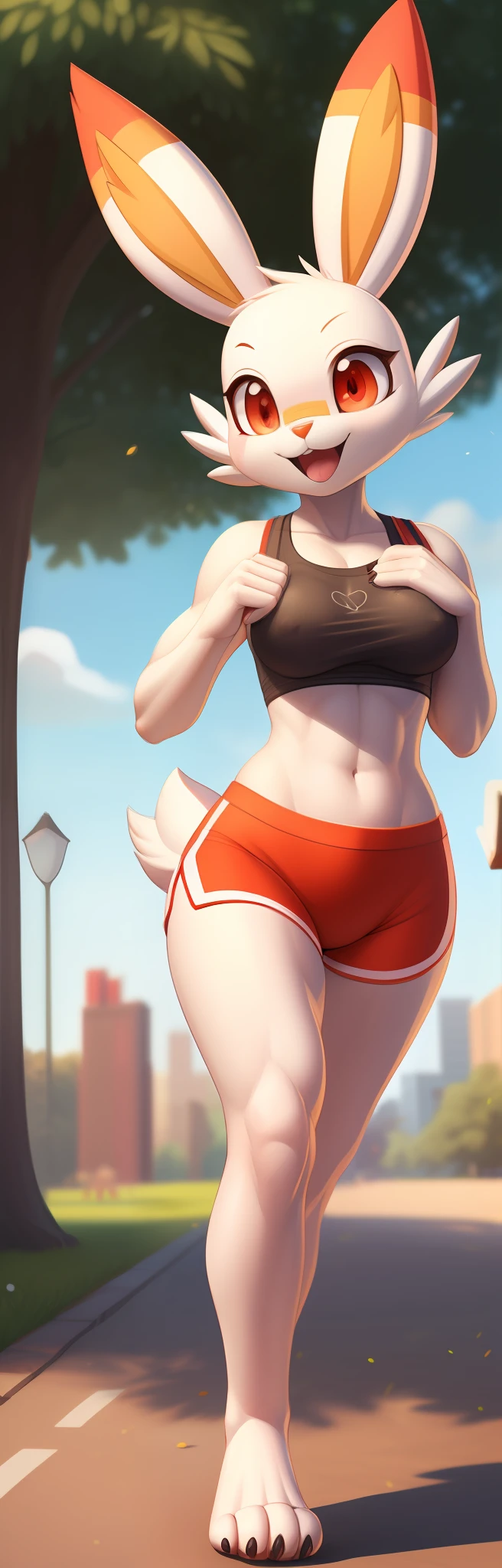 [(Scorbunny_Pokemon)], [(uploaded to e621.net); (pixelsketcher), (whisperfoot), (wamudraws)], ((masterpiece)), ((anthro female)), ((solo portrait)), ((1girl)), ((beautiful 3d art)), ((detailed shading)), ((raytracing)), ((furry art)), {(Scorbunny); white and orange fur, bunny ears, short stubby bunny tail, tape on nose, (big cute red eyes), (defined leg muscles), (beautiful feet), (4 toes), (black claws), happy, mouth open, (small boobs), (nipple outline)}, {White tank top, orange spandex yoga shorts}, {(jogging), (looking at viewer)}, [Background; (park), {sunny, blue sky}]