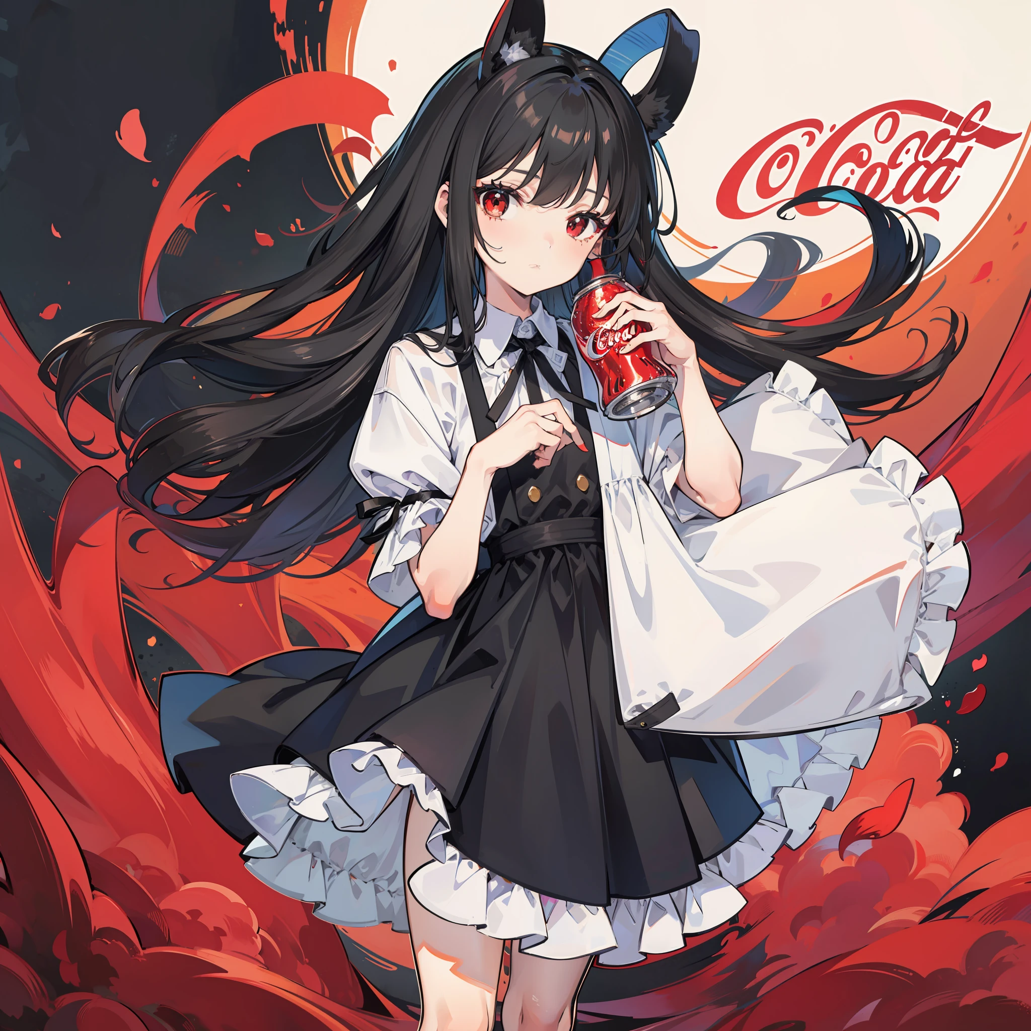 An eight-year-old girl,is wearing dress,She has long black hair and red eyes,holding a Coca-Cola