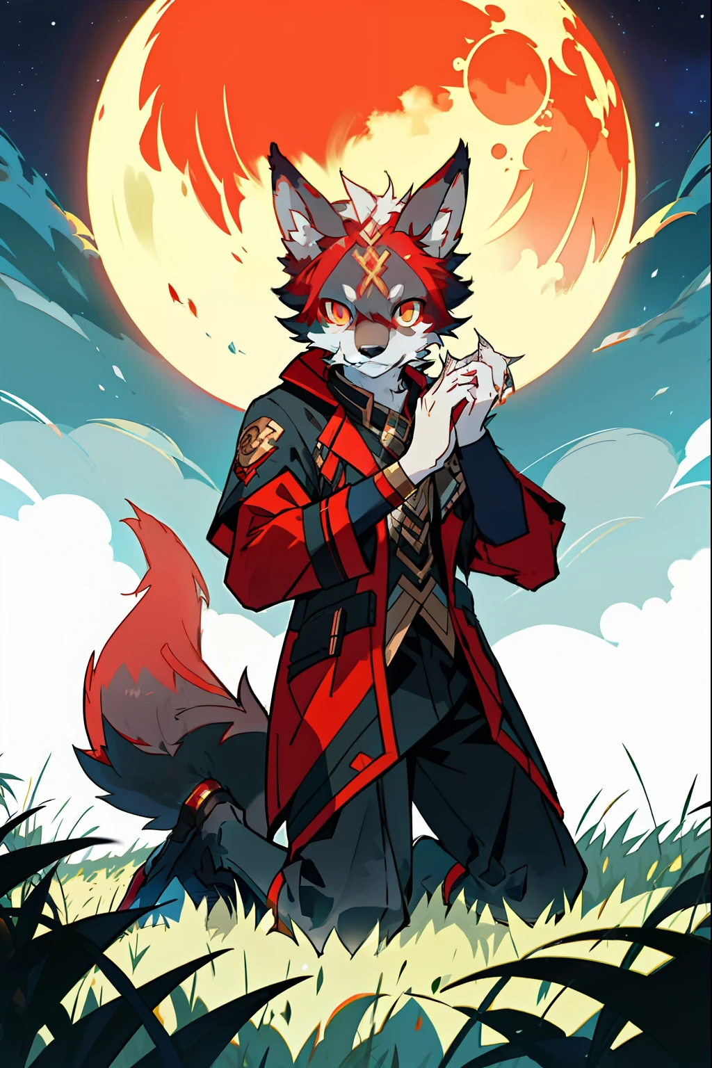 highly detailed scifi furry-fandom hq illustration, red handsome werewolf, looking to the camera gloomily, shiny eyes, moon on the background, fully body, full shot, kneeling, grass, have eyes on the camera, hold head in hands,