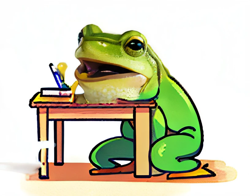 Frog studying in front of desk