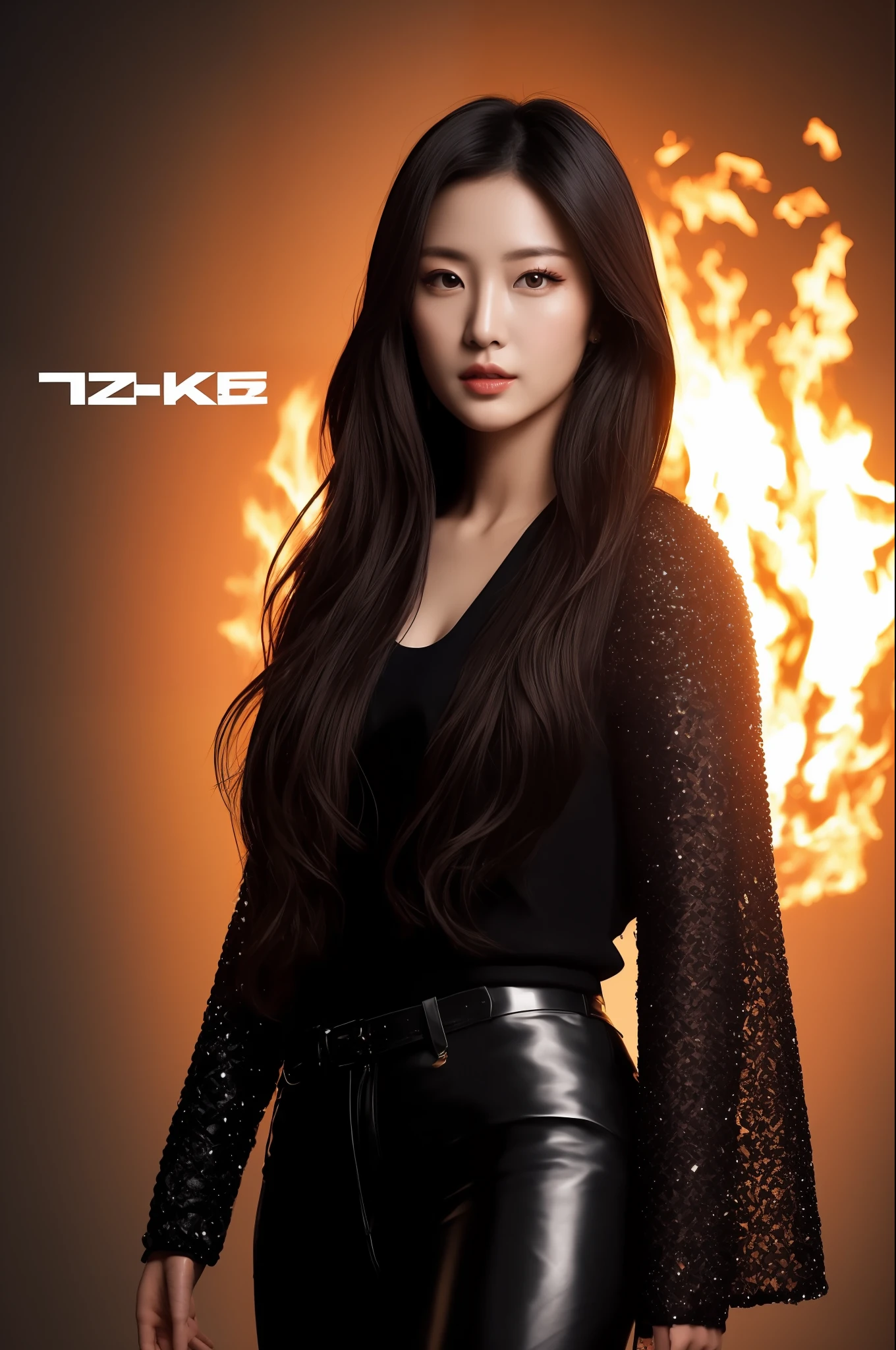 full body potrait of a photorealistic beautiful Japanese supper hot female model, dreamy and romantic, long hair, clear light, exotic black sexy armour, beautiful woman with a cute face and beautiful eyes, ninja, female, Asian, highly detailed, 4K, warrior, trendy on attestation, trendy on Instagram, vivid light. sharp focus. armoured, in fire, full body, powerful, daring look, powerful.