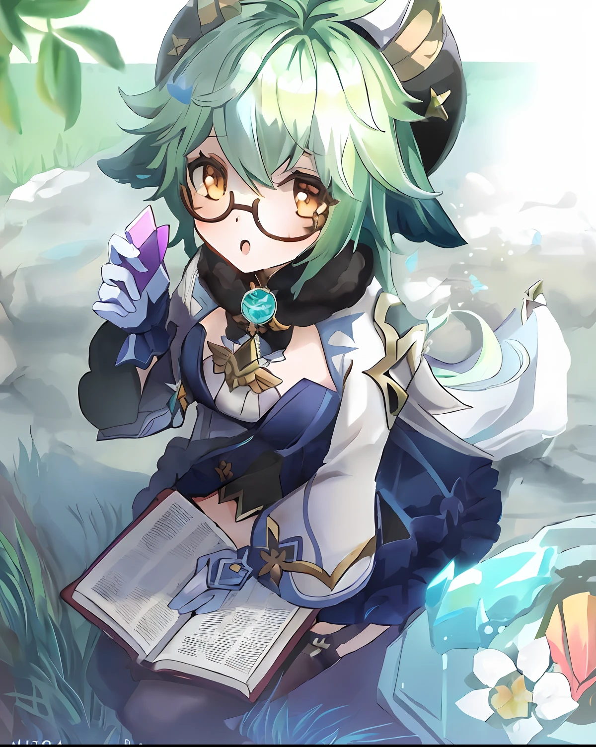 anime girl with green hair and horns holding a book, alchemist girl, splash art anime ****, Genshin, shadowverse style, genshin impact character, Ayaka Genshin impact, character art of maple story, 《genshinimpact》in the clear, crisp clear rpg portrait, anime moe art style, beautiful celestial mage, From Arknights, ayaka game genshin impact