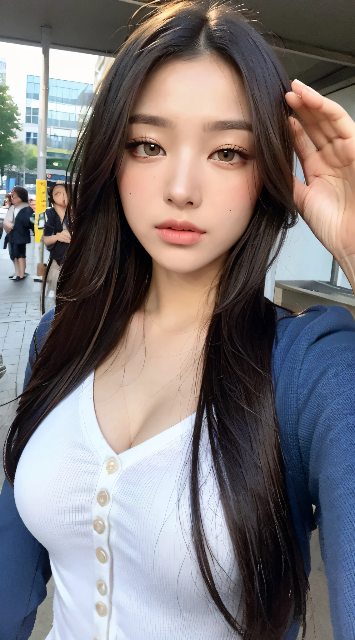 ((best quailty, 8K, tmasterpiece:1.3)), Sharp:1.2, perfect figure beautiful woman:1.4, Slim abs:1.2, ((Layered Hair Style, hugetits:1.2)), (Long shirt with wet white buttons:1.1),(Sateen,the street:1.2),Get wet:1.5,Highly detailed facial and skin texture,detailed eye,双眼皮,Look sideways at the camera,Light blue pupils