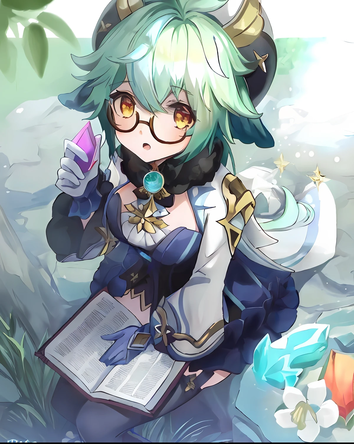 anime girl with green hair and horns holding a book, alchemist girl, splash art anime ****, Genshin, shadowverse style, genshin impact character, Ayaka Genshin impact, character art of maple story, 《genshinimpact》in the clear, crisp clear rpg portrait, anime moe art style, beautiful celestial mage, From Arknights, ayaka game genshin impact