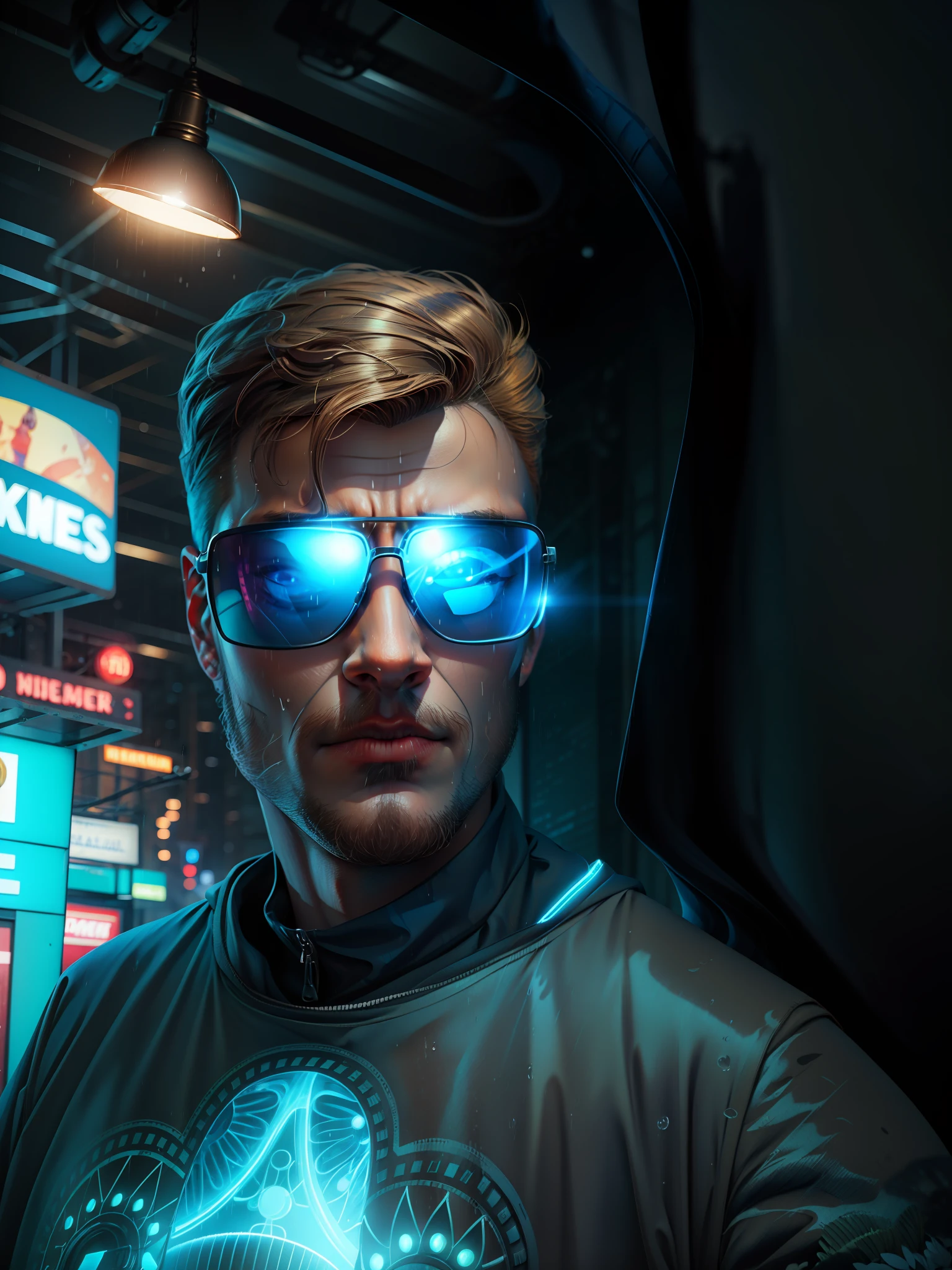 1man, hacker, hood, sunglasses, holding a worm pill and a blue one, movie set, neon light ends, night, rain, volumetric lighting, best quality, masterpiece, realistic