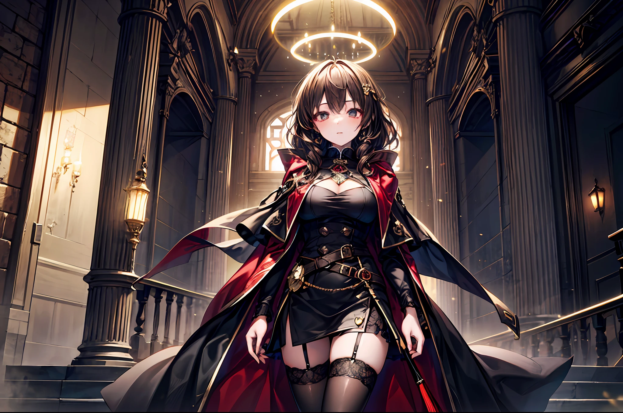 Medium shot，1 Girl, , solo, Detailed skins, black garter stockings, dark gold hair, Exaggerated curly hair, Braids, Dark blue clothes:1.1, dark Red cloak, Extremely delicate and beautiful, Perfect body, Glowing weapons, glowing jewelry, glowing decorations, The background is a huge golden halos, quaint buildings，Rich background color, the complex background, Detailed background, Best quality,Super-High Resolution, Extremely detailed, 8K wallpaper, Cinematic lighting, High resolution,