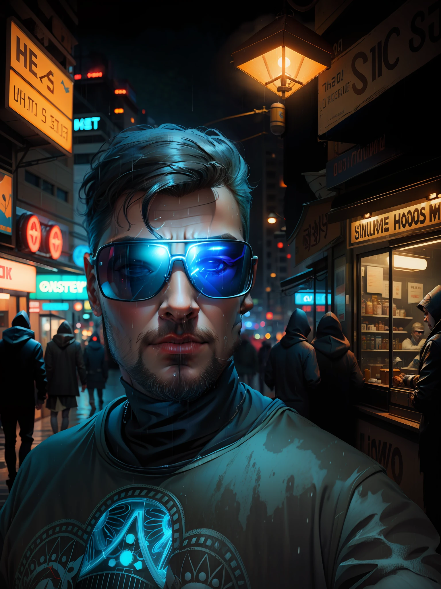 1man, hacker, hood, sunglasses, holding a worm pill and a blue one, movie set, neon light ends, night, rain, volumetric lighting, best quality, masterpiece, realistic