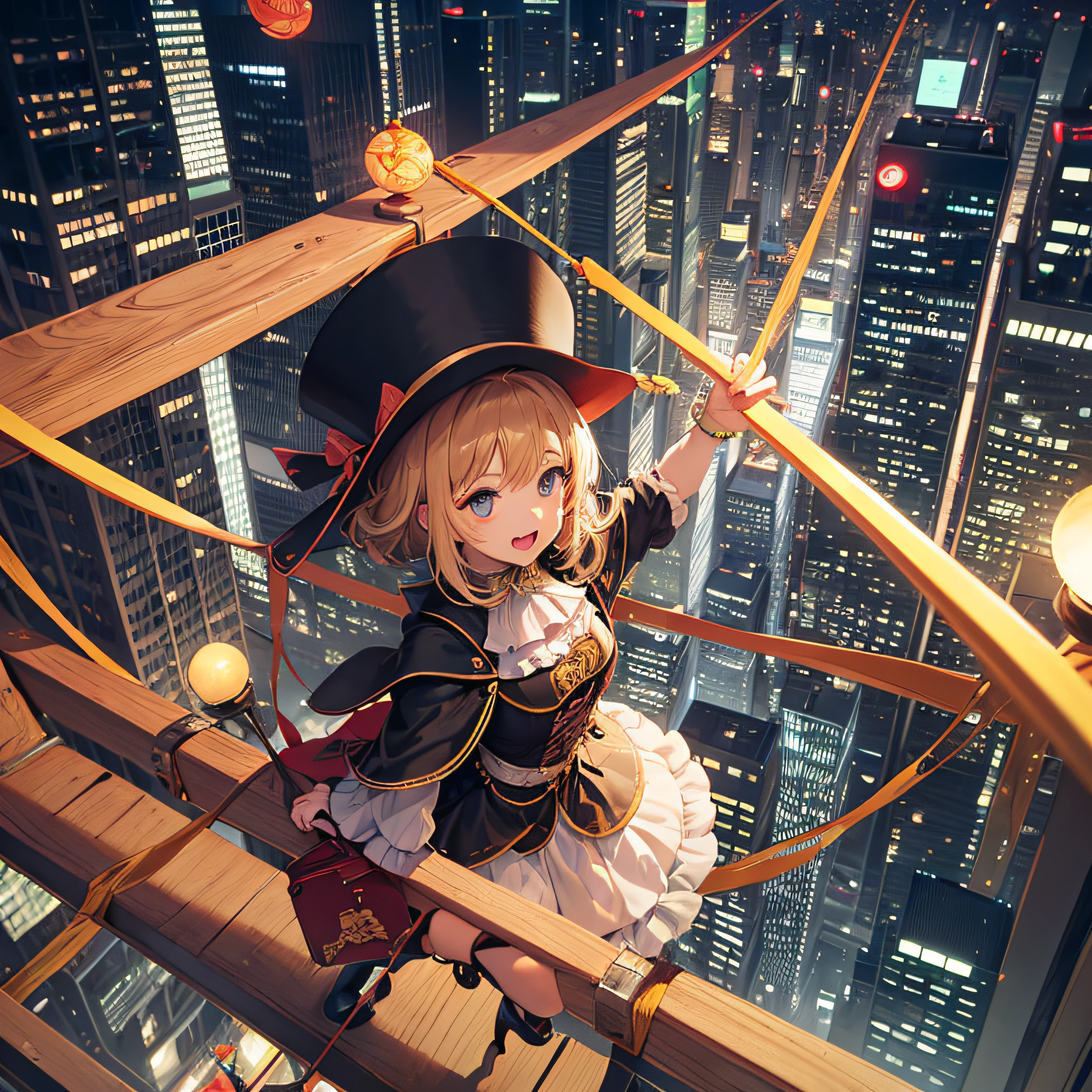 tarot、Fools、Overhead view of the city、((tightrope walking))、Woman Walking On A Rope、Fancy clown clothes、Fancy hats、traveller、Luggage、 Looks fun、Singing、Innocence、Creativity、genius、Attention deficit hyperactivity、