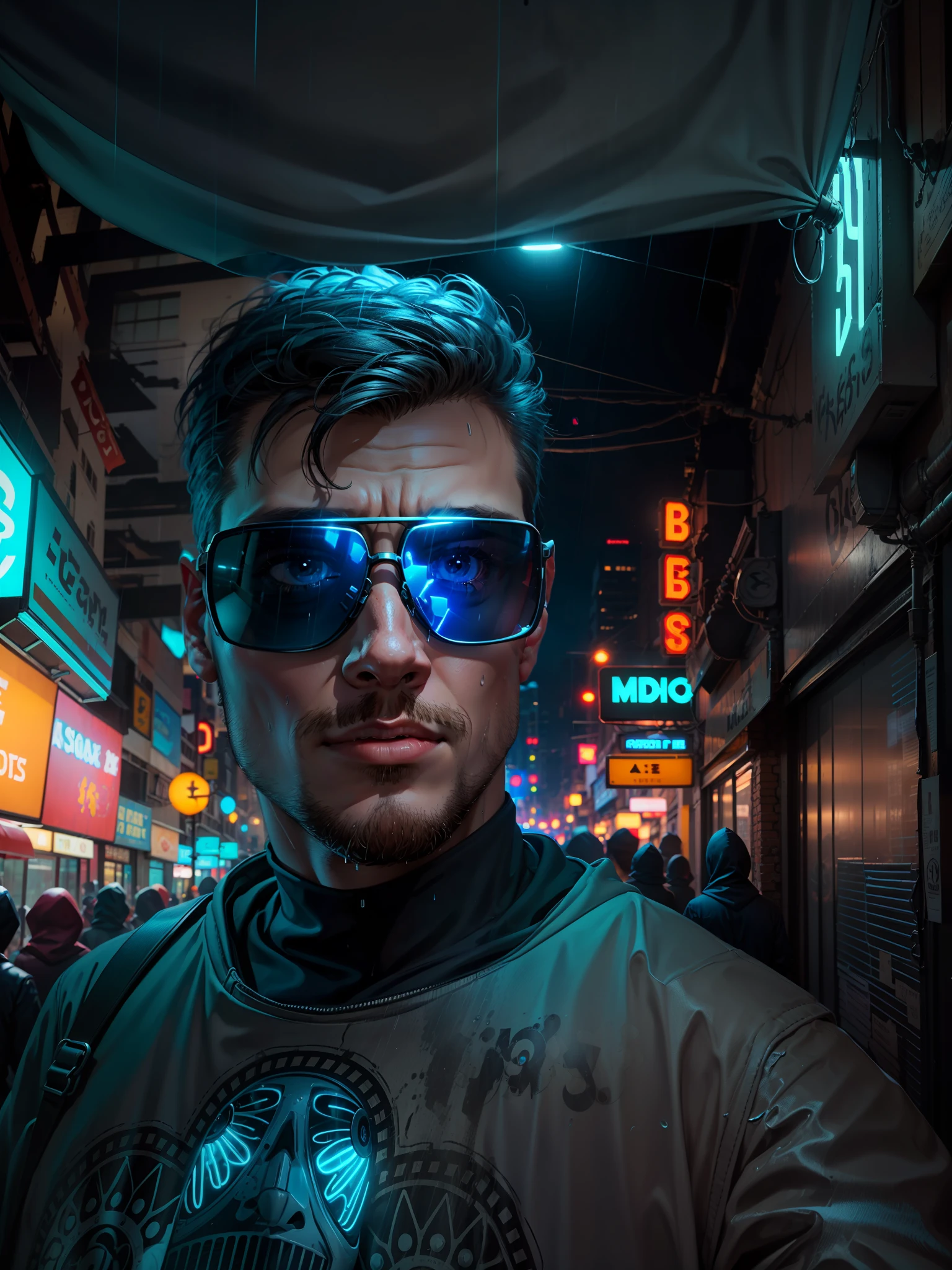 1man, hacker, hood, sunglasses, holding a worm pill and a blue one, movie set, neon light ends, night, rain, volumetric lighting, best quality, masterpiece, realistic