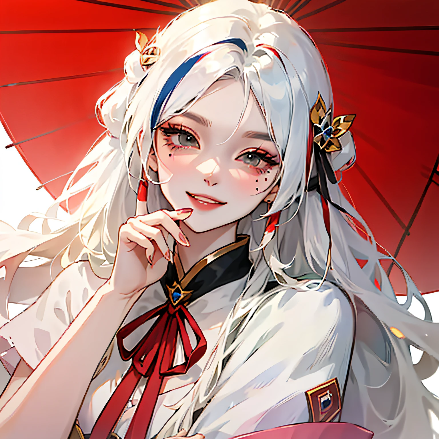 stockingshigh heels, makeup, streaked hair, ribbon, mole under eye, tsurime, grin, high detail, anime style, super detail --auto