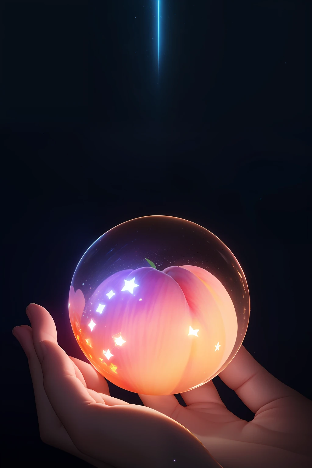 3 peaches，glowing stars，digital illustrations，glowing stars，Refractive spikes，color difference，and（with light glowing，holofoil：0.6），Remove the hands