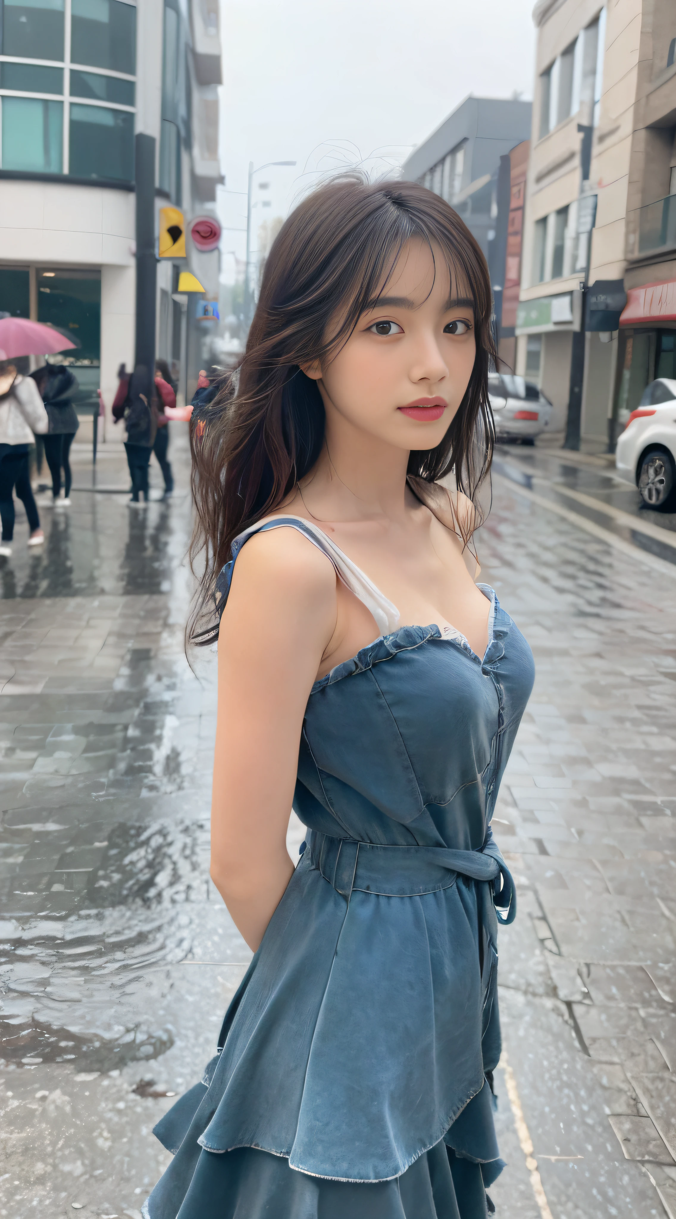 ((Best Quality, 8K, Masterpiece:1.3)), Focus: 1.2, Perfect Body Beauty: 1.4, Buttocks: 1.2, ((Layered Haircut, Breasts: 1.2)), (Wet Clothes: 1.1) , (Rain, Street:1.3), Bandeau Dress: 1.1, Highly Detailed Face and Skin Texture, Delicate Eyes, Double Eyelids, Whitened Skin, Long Hair