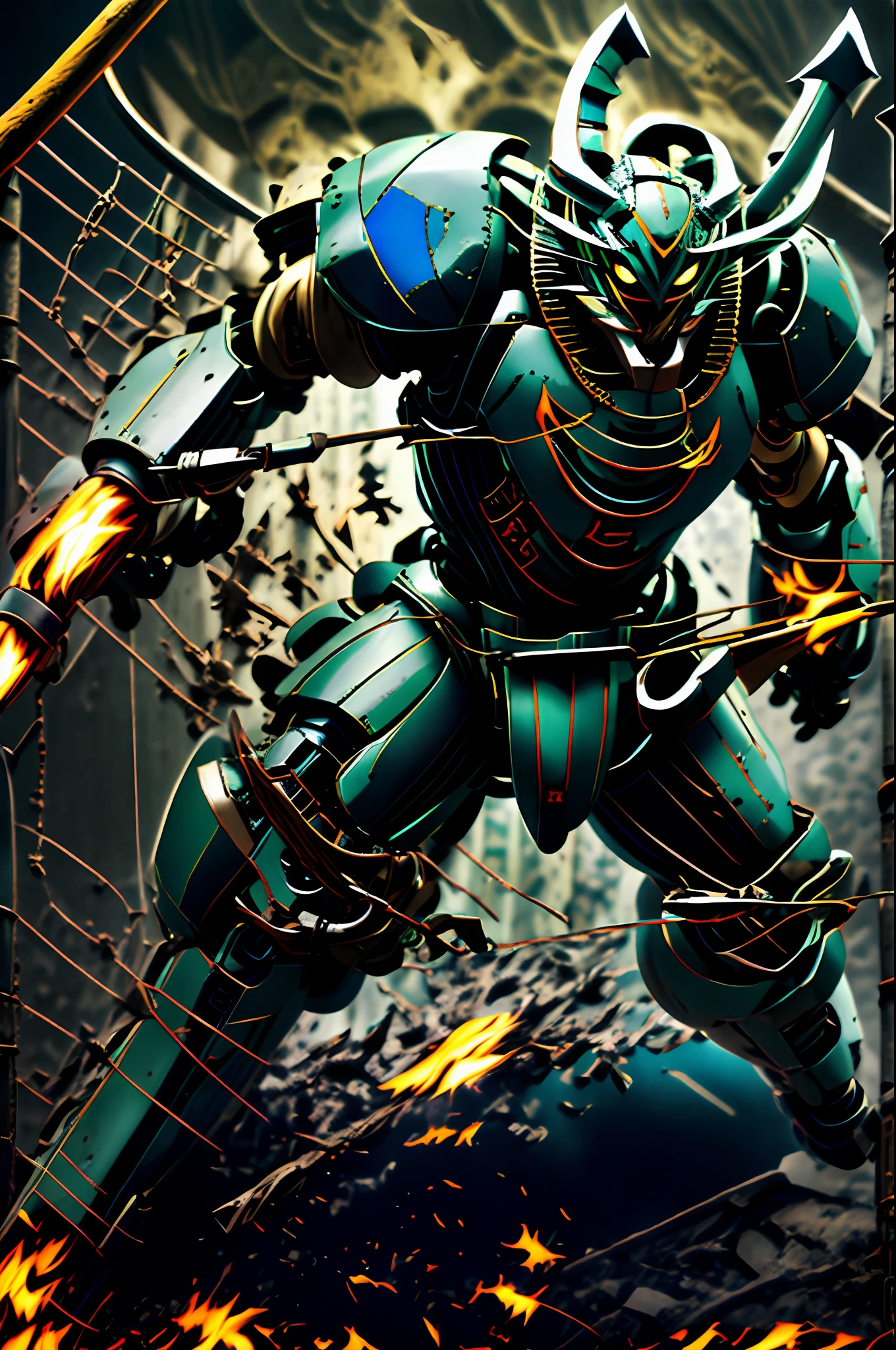 cyan colors axe tomahawk Swing down Hannya's Mask Blue Armor battle field male people Powered Suits mechs A Japanese style by night Burnt field jumpping battleing animated cartoon