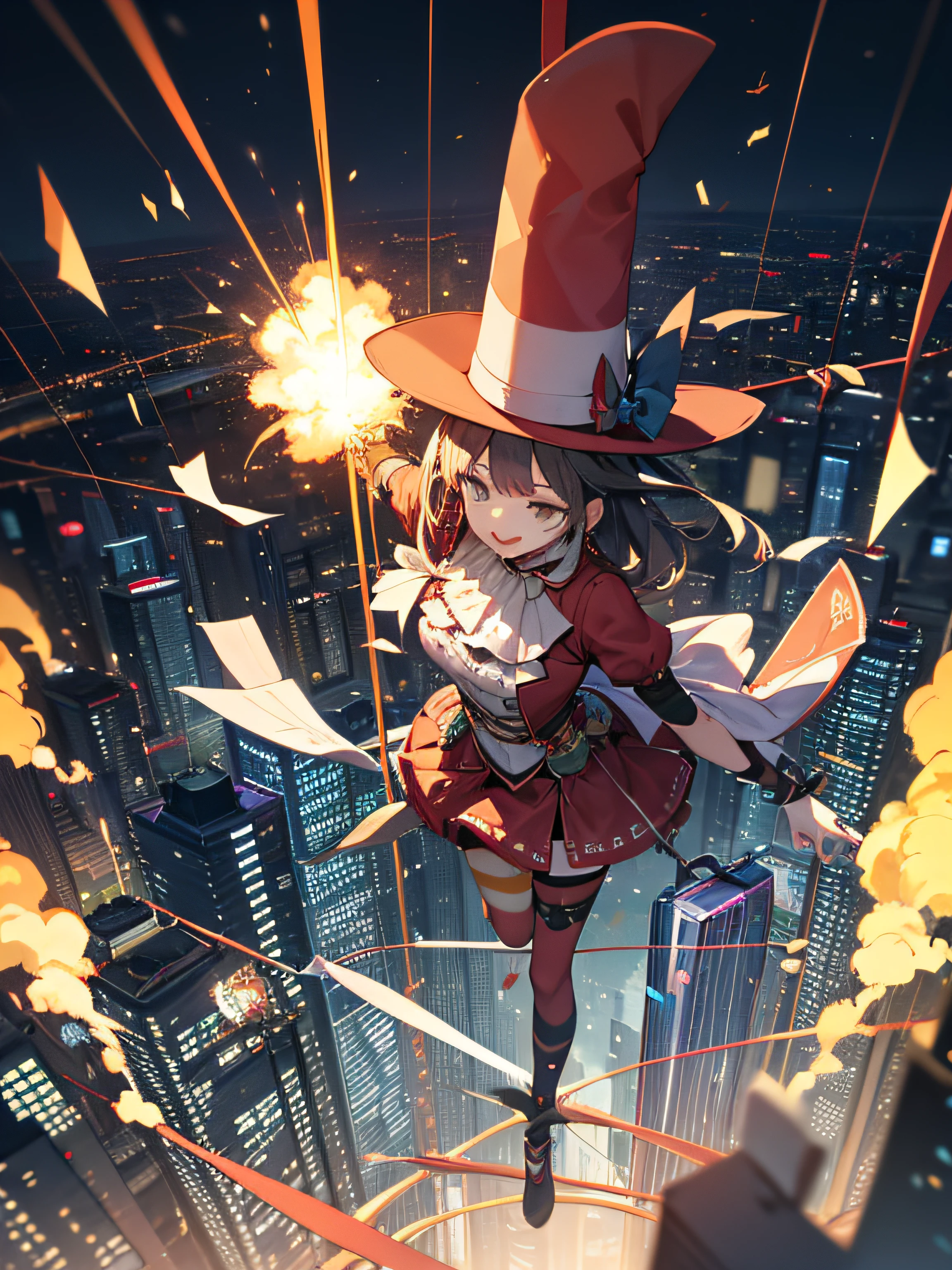 tarot、Fools、Overhead view of the city of war、Explosive inflammation、((tightrope walking))、Woman Walking At Height、Fancy clown clothes、Fancy hats、traveller、Luggage、 Looks fun、Singing、Innocence、Creativity、genius、Attention deficit hyperactivity、