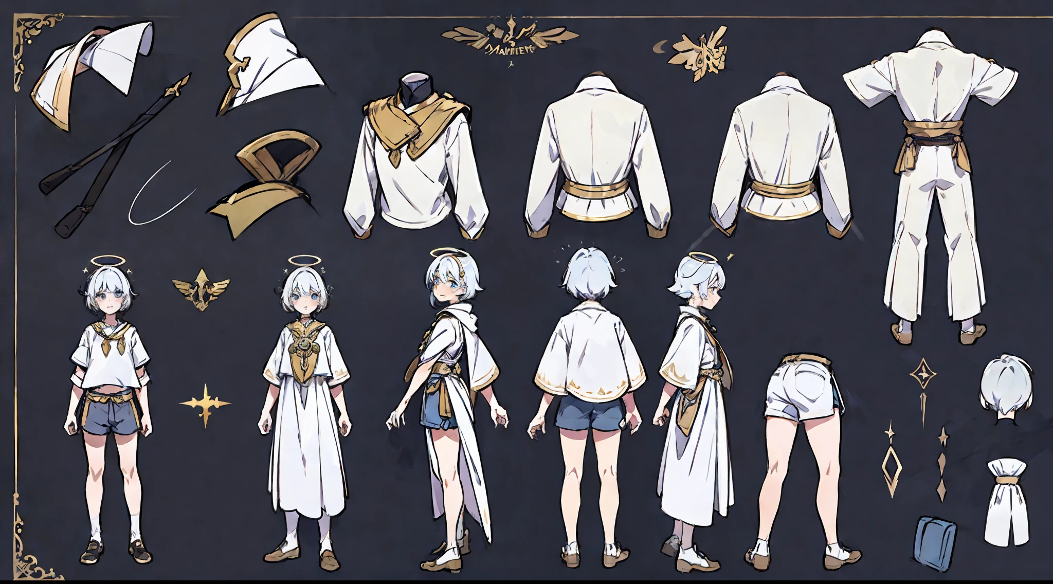 ((tmasterpiece)),(((best quailty))),(Character design sheet,Same role,frontage,Lateral face,backfacing),1boys,独奏,with short white hair,Gray eye,tmasterpiece,best quailty,looking around a corner,fullllbody,Height 150cm,A detailed,ssmile,White top with shorts,Halo as an accessory,The angel,charturnbetalora,concept-art,concept art of character,Character sketches,reference sheet,Role table,(simplebackground,white backgrounid: 1.3)