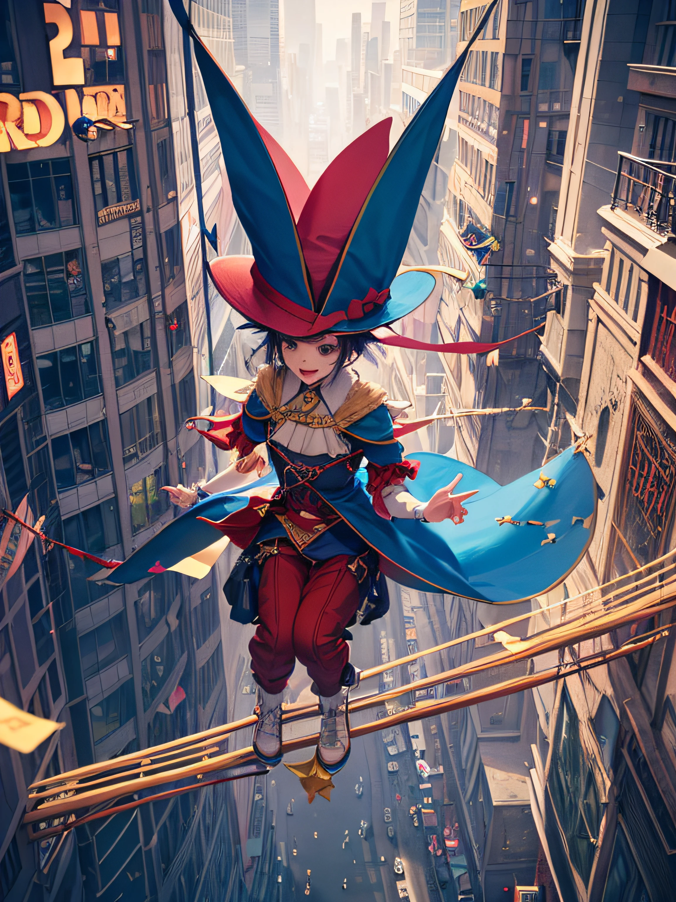 tarot、Fools、Overhead view of the city of war、Explosive inflammation、((Dangerous tightrope walk))、Woman Walking At Height、Fancy clown clothes、Fancy hats、traveller、Luggage、 Looks fun、Singing、Innocence、Creativity、genius、Attention deficit hyperactivity、Tarot cards dancing、