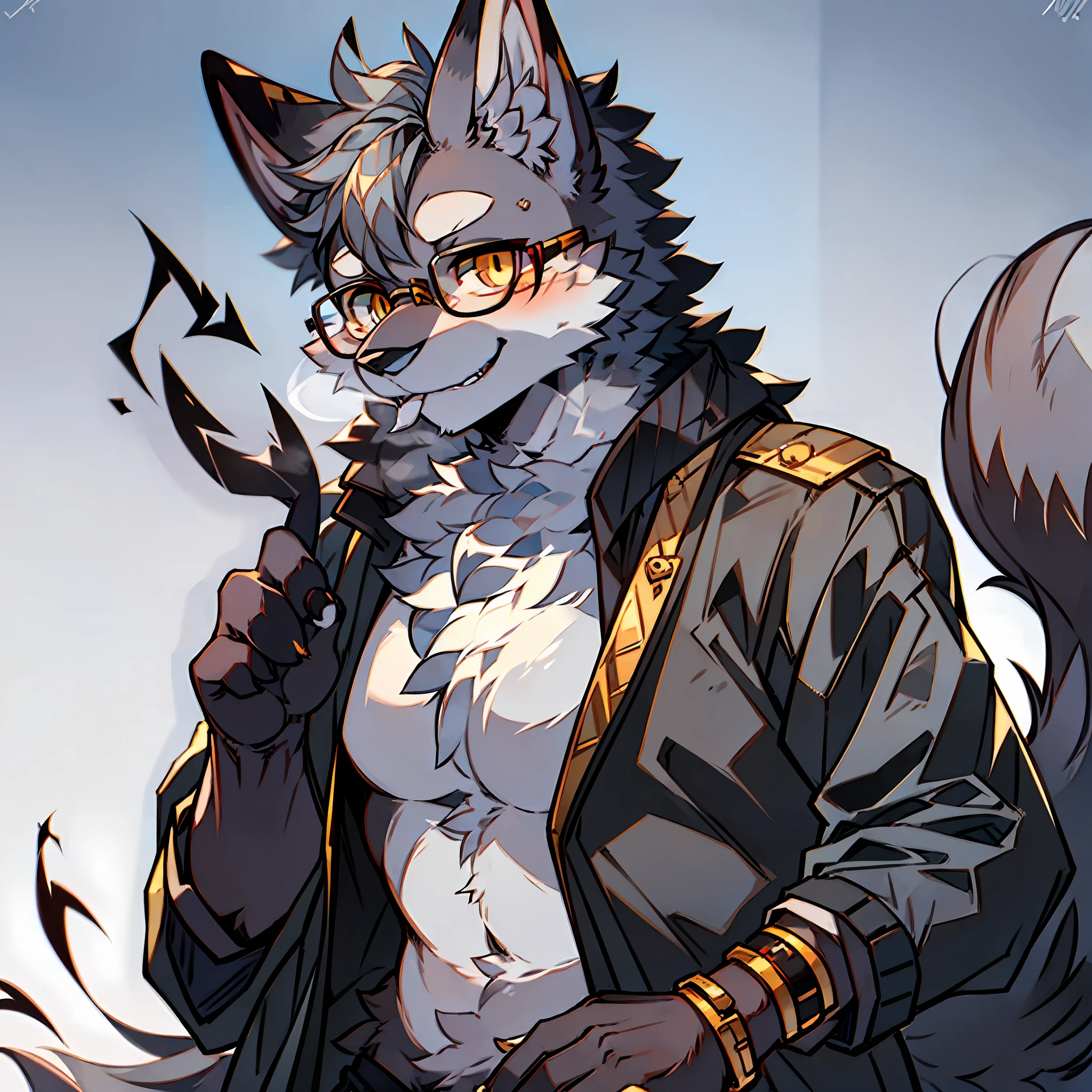 solo person,shaggy male,furry,gray wolf,canid,Gray-black fur,gold eyes,Wearing glasses,taking tobacco snuff,There is a third eye