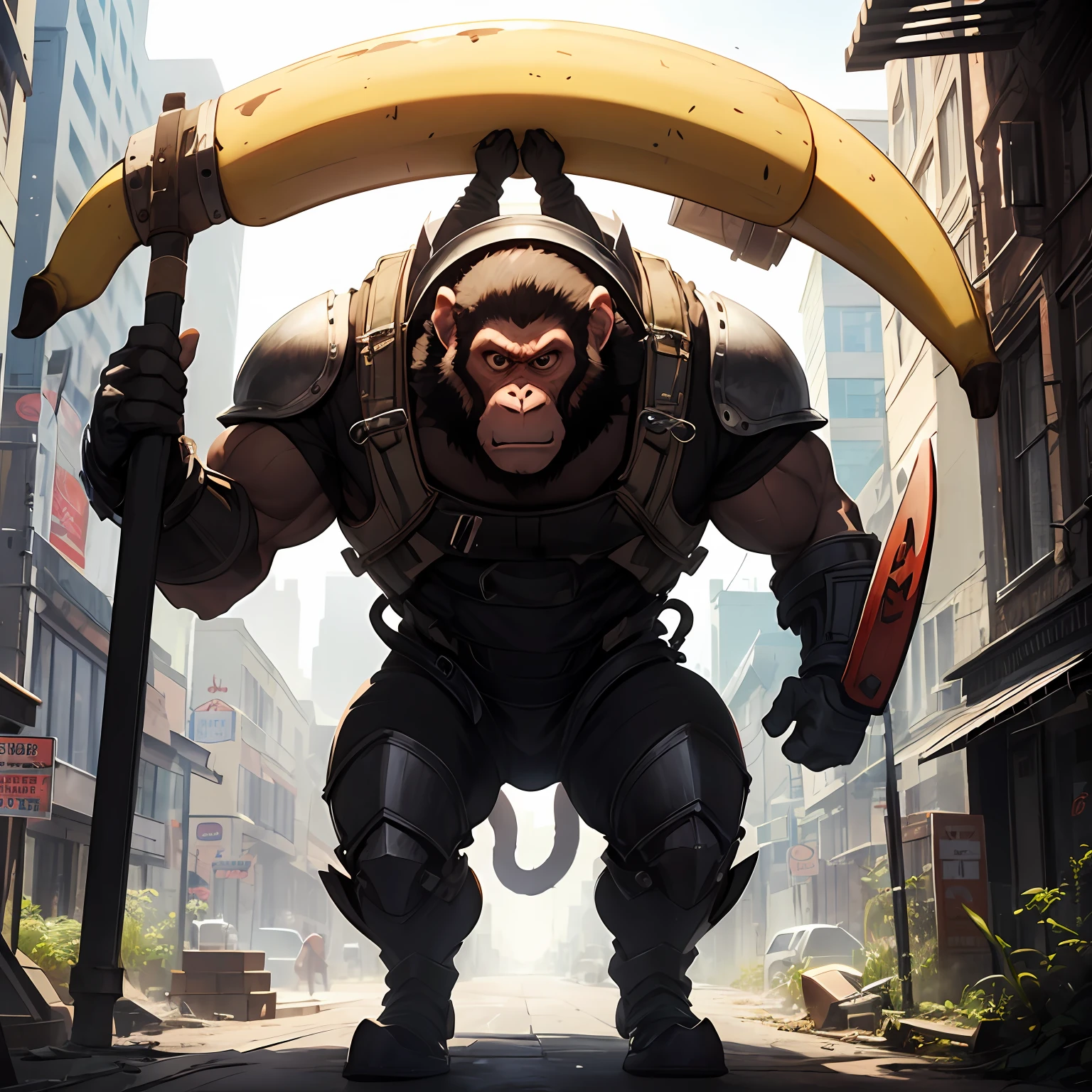 ape, Wearing machine armor、Carrying a giant banana-shaped hammer on his back, Bipedal, slender, musculine, fullllbody, white backround, without background, Monkey