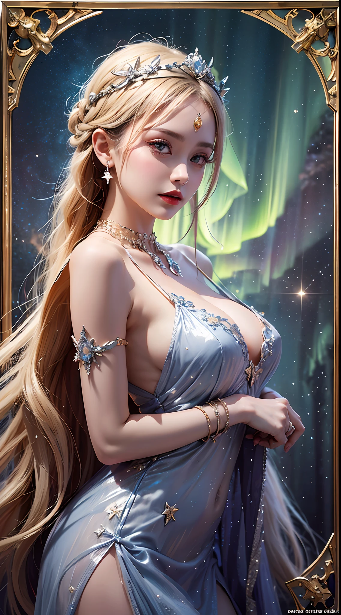 1 27 year old girl, 1 goddess from the future athena, 12 zodiac signs goddess pink purple, goddess athena sexy face slim yellow nightgown, long thin nightdress with many sexy black lace details, goddess athena legend from the future, sign of athena, chic glitter athena style, dark and mysterious version, athena crown, red lips, thin and beautiful lips, not smiling, sucking tight mouth, character created by karol bak and pino daeni, intricate detail, detailed background, extremely detailed, light dharma, female, inner side, side view of goddess Athena. big and round breasts, phoenix hairpin, long hair with platinum bangs, (Long hair has 7 colors like a rainbow: 1.9), beautiful face in every detail, sharp balanced eyes, (transparent yellow eyes: 1.8), big round eyes and very beautiful and detailed makeup, visionary, long silk nightgown, mysterious makeup, Bracelet, jewelry on goddess athena's thigh, bangs and dyed light blonde, upper body, (the goddess Athena upper body: 1.8), drooping arms, realistic and vivid image, (stars that make up athena: 1.7), (athena sky and portal of time and space fictional space: 1.8), fictional art texture, RAW photo, hanfu photo, best photo, high resolution, best quality, best photo, 8k quality, 8k ultra, surreal photo, photo most economical, athena sign art portrait photo, 1 back athena sign icon, athena lace tights, single athena portrait photo, truest color scheme, best photo color, masterpiece, jewelry hair decoration, necklace, jewelry, pretty face, upper body, tyndall effect, photo realistic, dark studio, border light, athena goddess body magic effect, two tone lighting , (high skin detail: 1.2), 8k uhd, dslr, soft light, high quality, volumetric light, candid, Photo, high resolution, 4k quality, 8k, Bokeh, Smooth and sharp , 10x pixels, sexy Athena, sexy athena, (back space: 1.8), (galaxy: 1.7), aurora, lightning, (background aurora: 1.8), perfect eyes, beautiful eyes photo , the goddess of beauty and flowers,