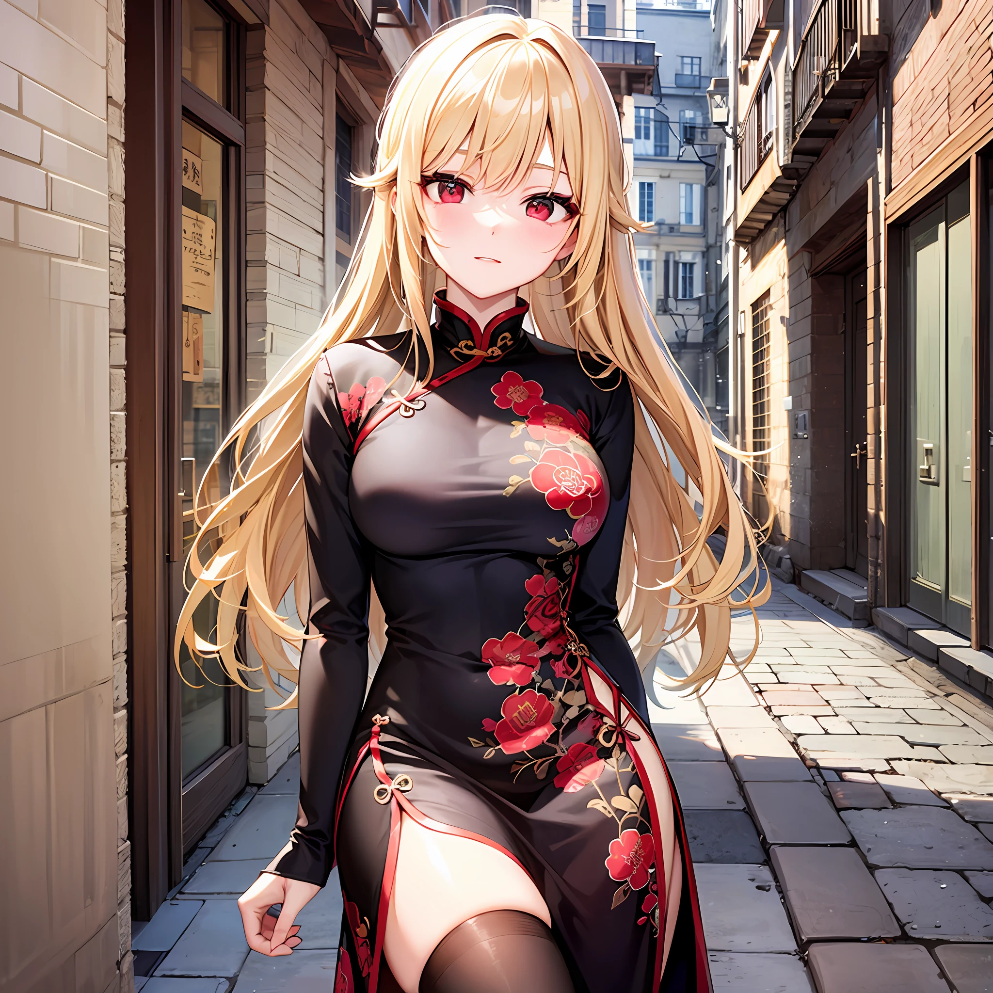 One blonde girl、red eyes、qipao dress