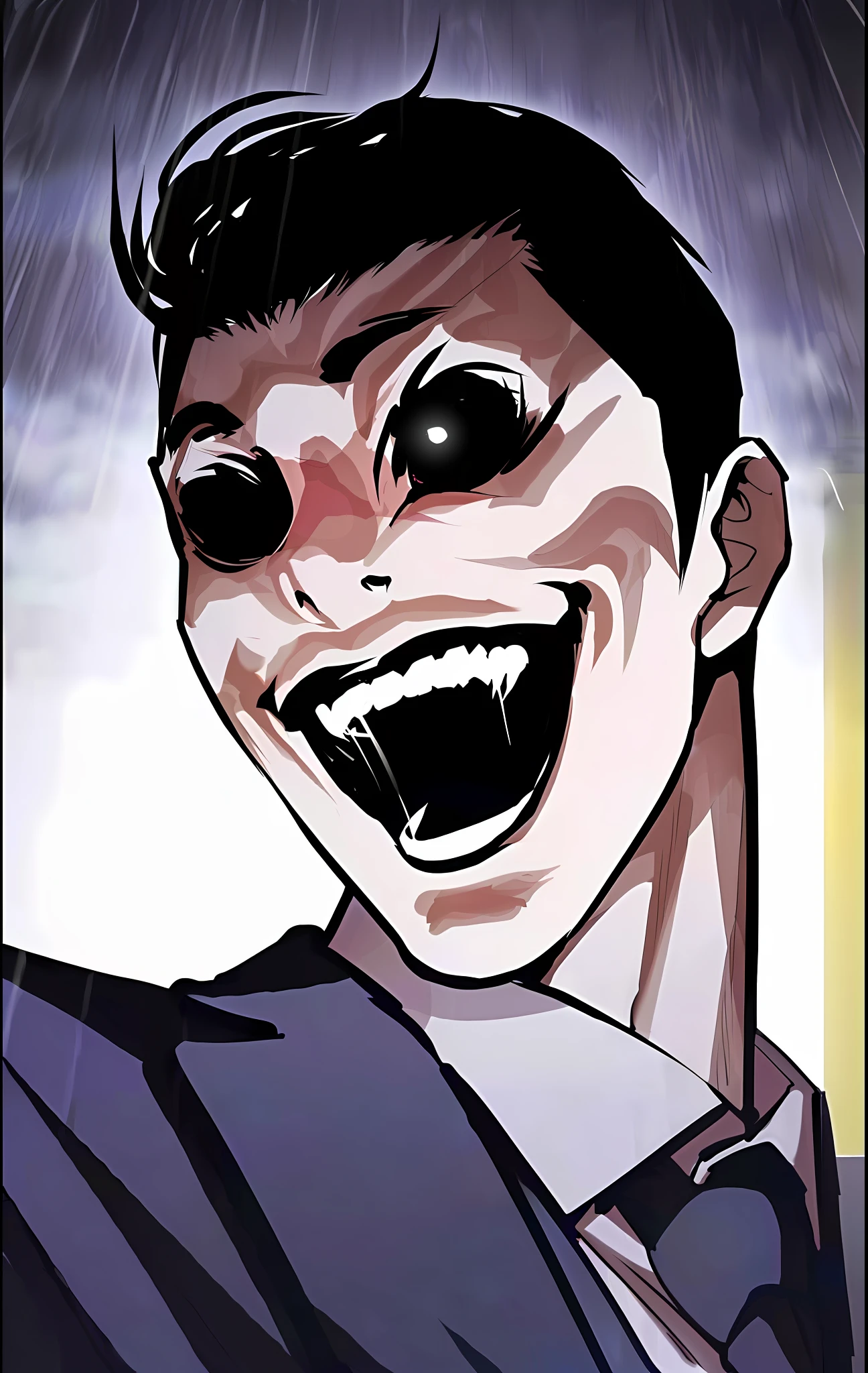very best quality，CG art style with good detail depiction，Deep colors，Dark and mysterious scene。Let's create a disturbing smile together，large eyes and menacing smile，Evil and crazy intertwined expressions，An unforgettable, evil villain