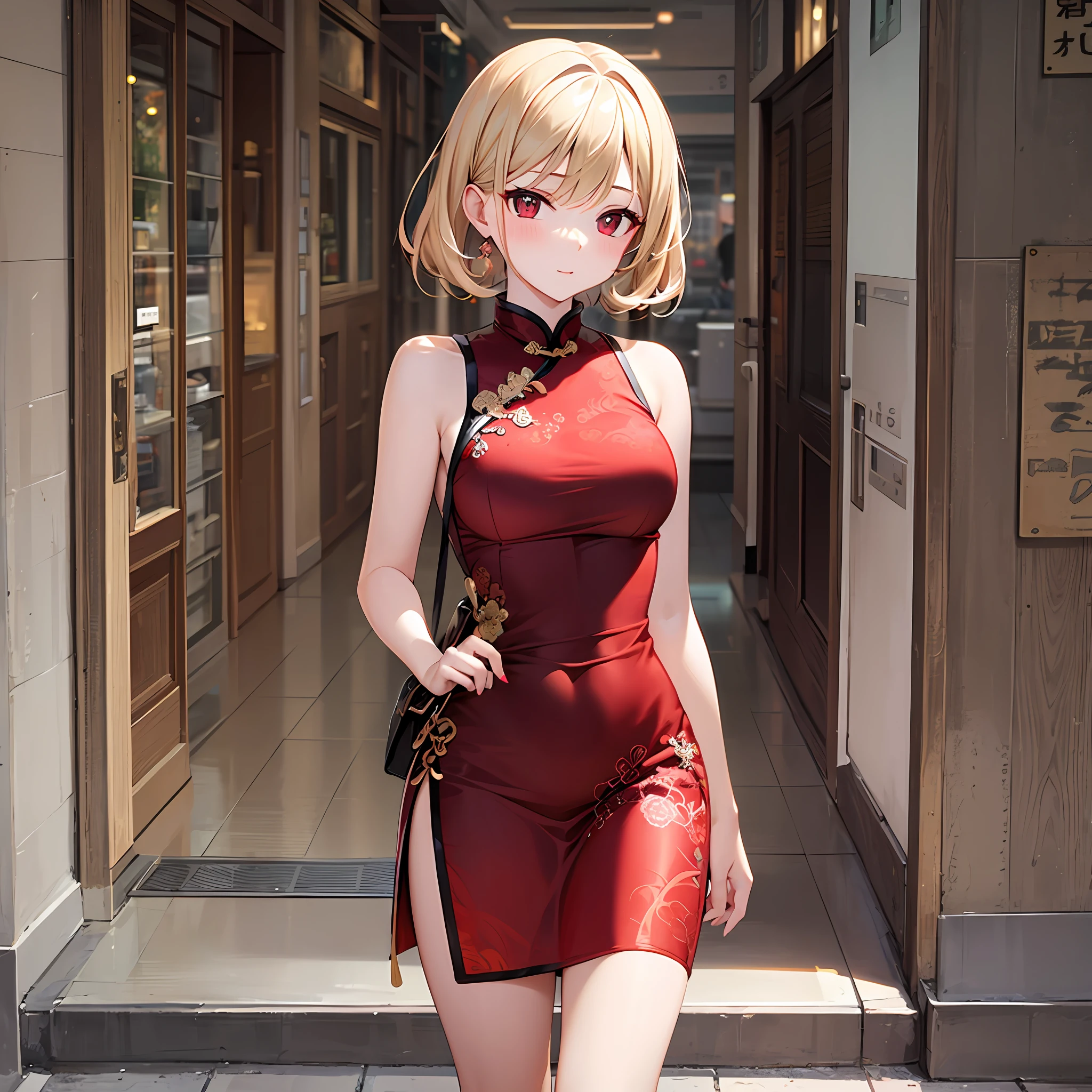 One blonde girl、red eyes、qipao dress