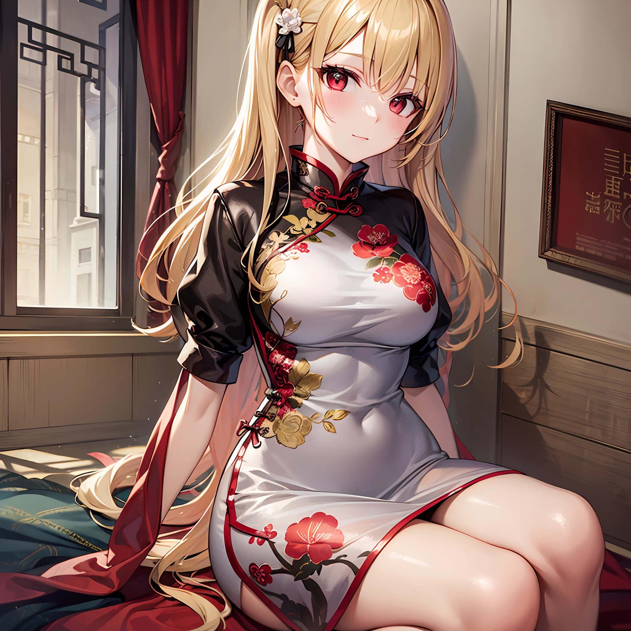 One blonde girl、red eyes、qipao dress