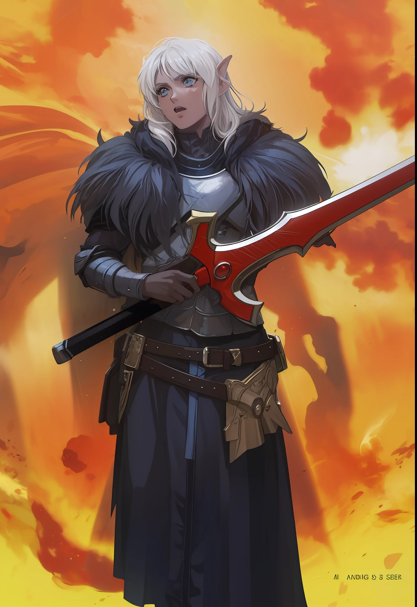 Masculino, pele negra,elf, olhos amarelo,4k,no meio do fogo, Dark kingth armor Full body, Dark fantasy, segurando uma espada,tons de calor