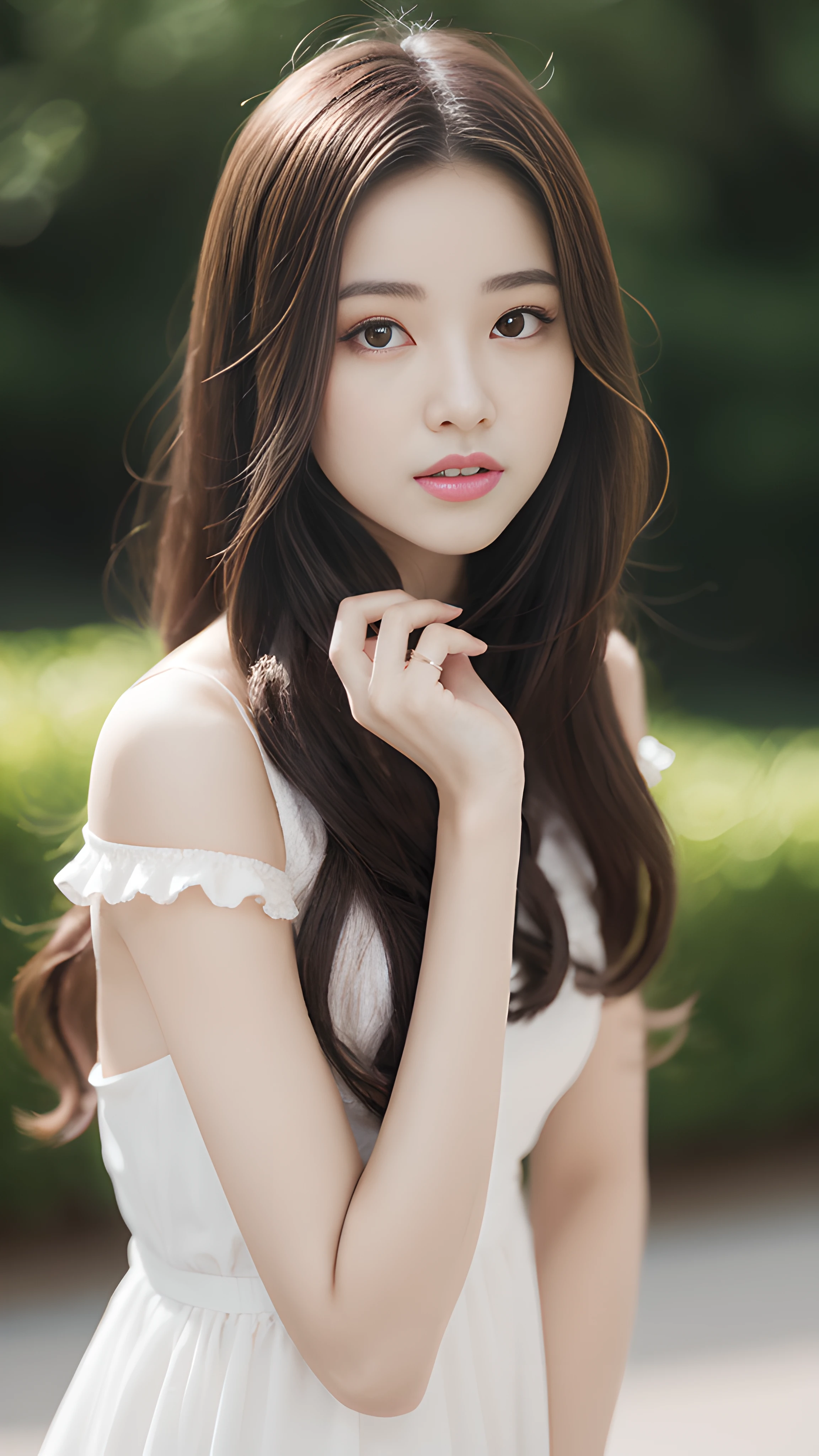 A woman dressed in a white flowing dress poses for a photo,A photograph inspired by Ma Yuanyu,Tumblr,realistic ism,dilraba dilmurat,beautiful Korean women,Korean girls,cute korean actress,Beautiful Korean young woman,gorgeous korean young woman,Young and cute Korean face,Kim Young-hin,ruan jia beautiful!,Korean female fashion model