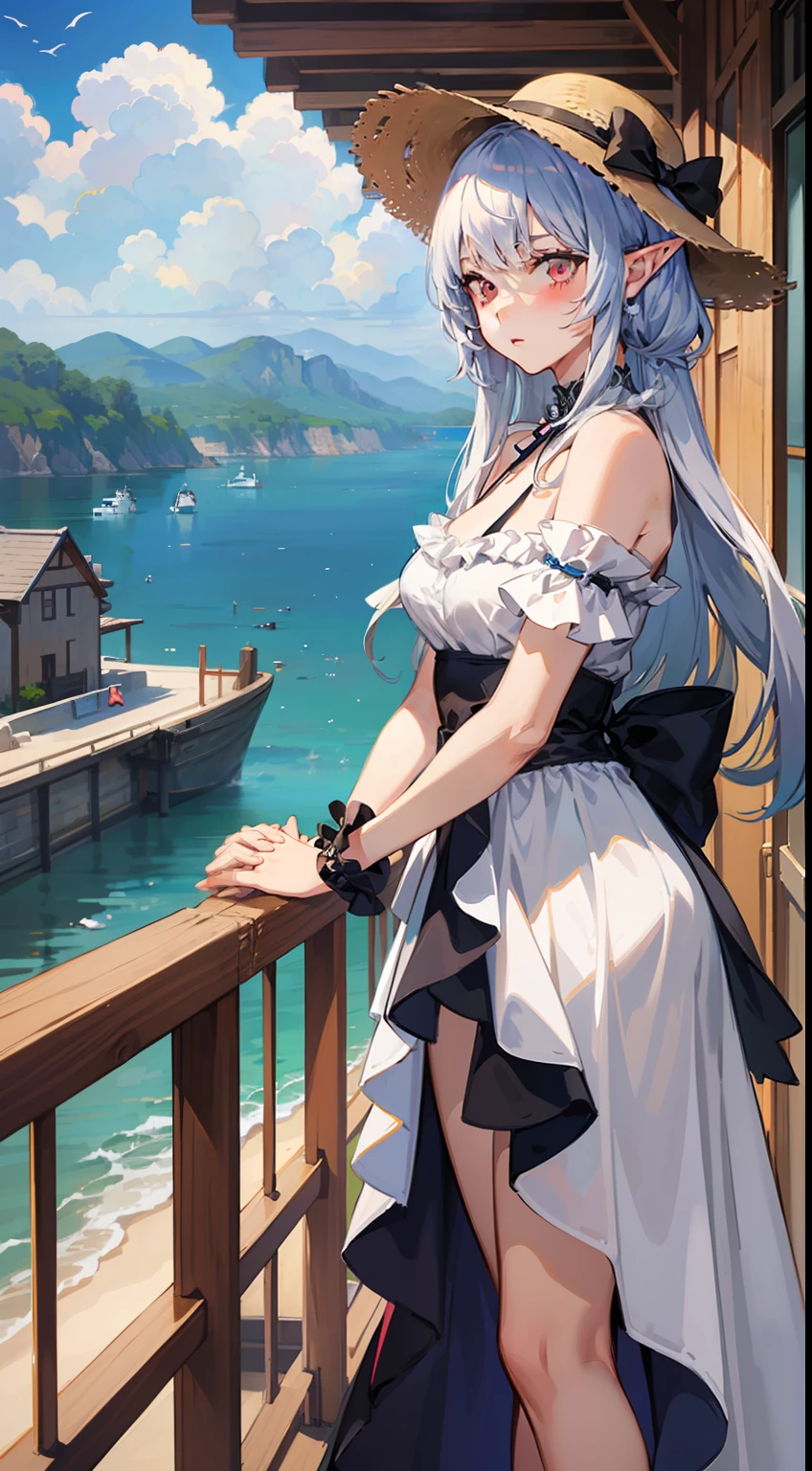 ((Put both hands on the hat)), ((Overlooking the sea)), 1 Whole body of a girl, elvish, has silver hair, Red Eyes, bob cuts, Braided hair, summer  dress, robe blanche, frilld, a straw fedora hat, Seaside city, concept-art, beautiful anime scene, Beautiful anime scenery, beste-Qualit, ​masterpiece