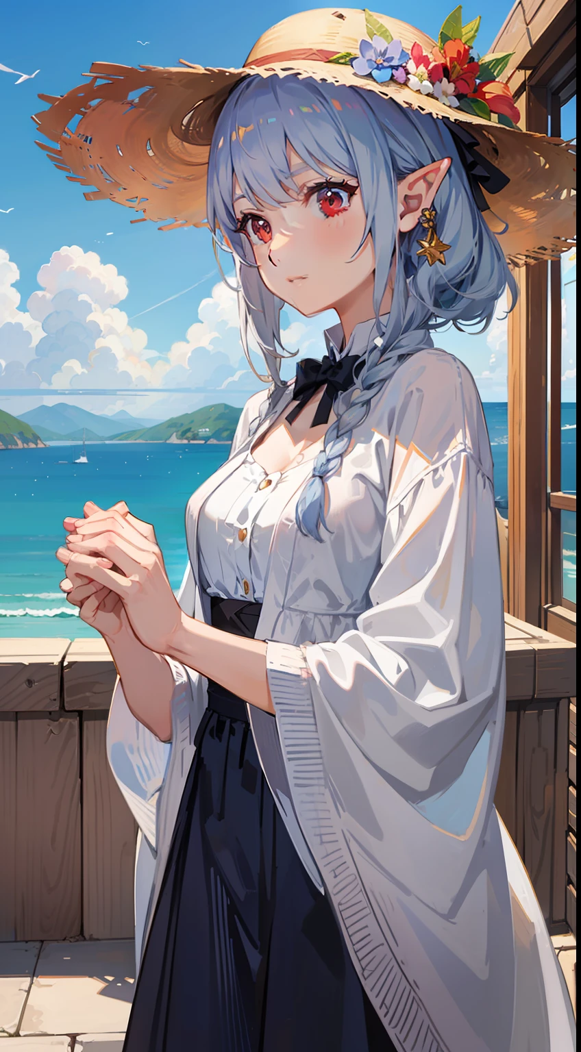 ((Put both hands on the hat)), ((Overlooking the sea)), 1 Whole body of a girl, elvish, has silver hair, Red Eyes, bob cuts, Braided hair, summer dress, robe blanche, frilld, a straw fedora hat, Seaside city, concept-art, beautiful anime scene, Beautiful anime scenery, beste-Qualit, masterpiece