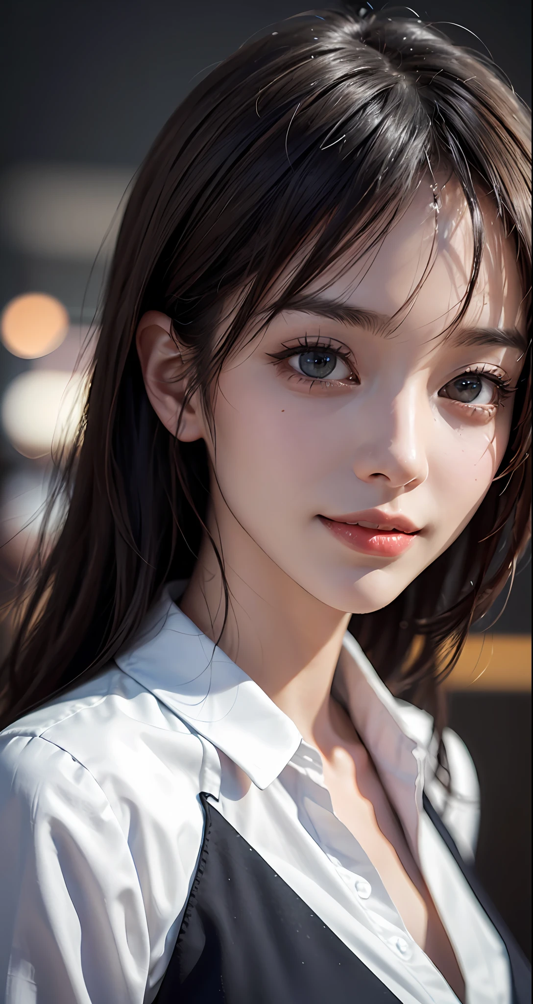 Masterpiece, 1 Beautiful Girl, Detailed, Swollen Eyes, Top Quality, Ultra High Resolution, (Reality: 1.4), Original Photo, 1Girl, Cinematic Lighting, Smiling, Japanese, Asian Beauty, Korean, Clean, Super Beautiful, Little Young Face, Beautiful Skin, Slender, Cyberpunk Background, (ultra realistic), (high resolution), (8K), (very detailed), (best illustration), (beautifully detailed eyes), (super detailed), (wallpaper), (detailed face), viewer looking, fine detail, detailed face, pureerosfaceace_v1, smiling, 46 point slanted bangs, looking straight ahead, neat (fashionable, plain, folded collar, irregular, shirt feeling, date dress), body facing front, realistic photo,